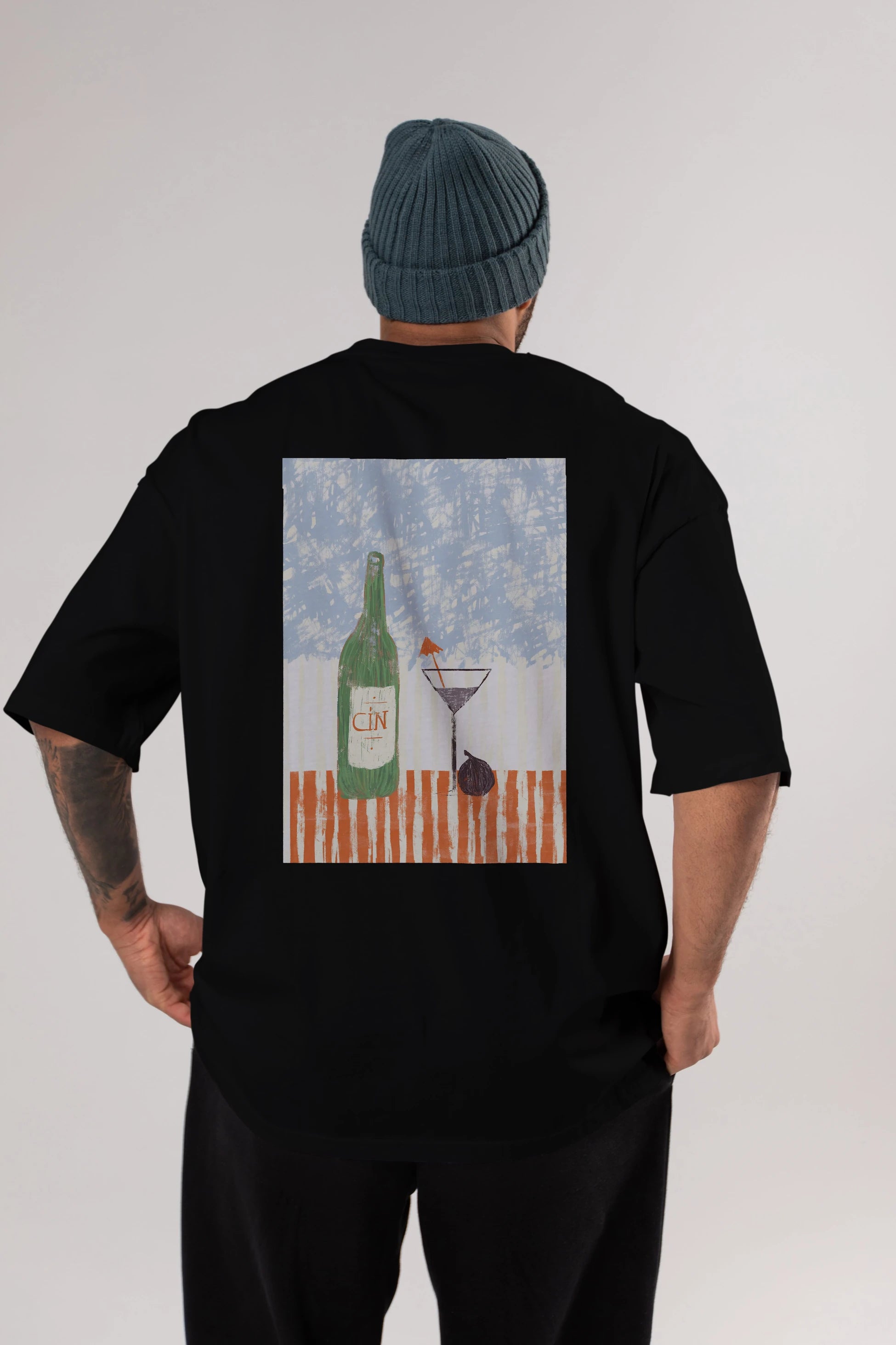 Gin Arka Baskılı Oversize t-shirt Erkek Kadın Unisex %100 Pamuk Bisiklet Yaka tişort