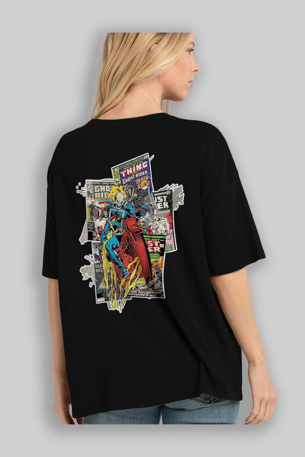 Ghost Rider Arka Baskılı Oversize t-shirt Erkek Kadın Unisex %100 Pamuk Bisiklet Yaka tişort
