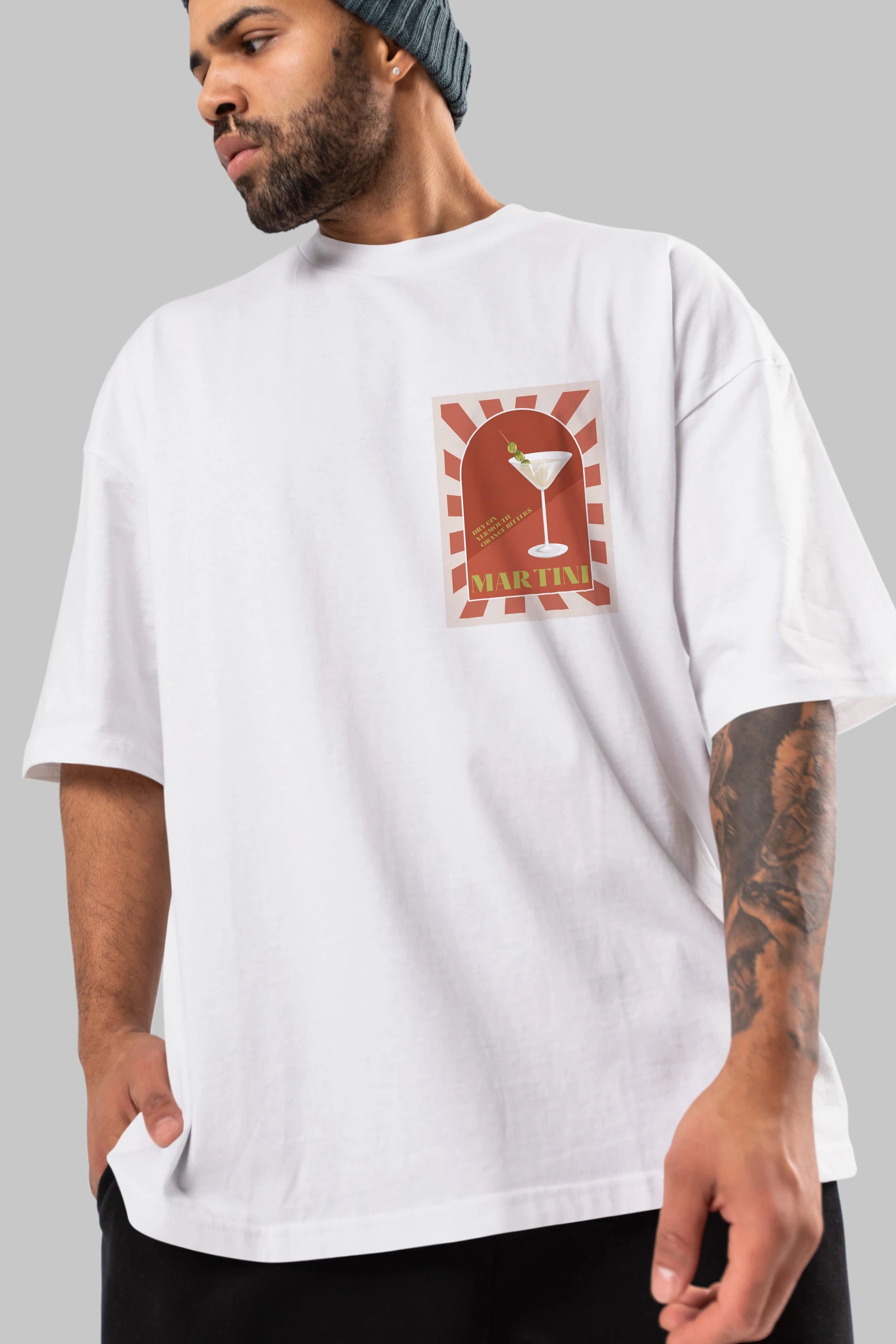 Martini 2 Ön Sol Baskılı Oversize t-shirt Erkek Kadın Unisex %100 Pamuk Bisiklet Yaka tişort
