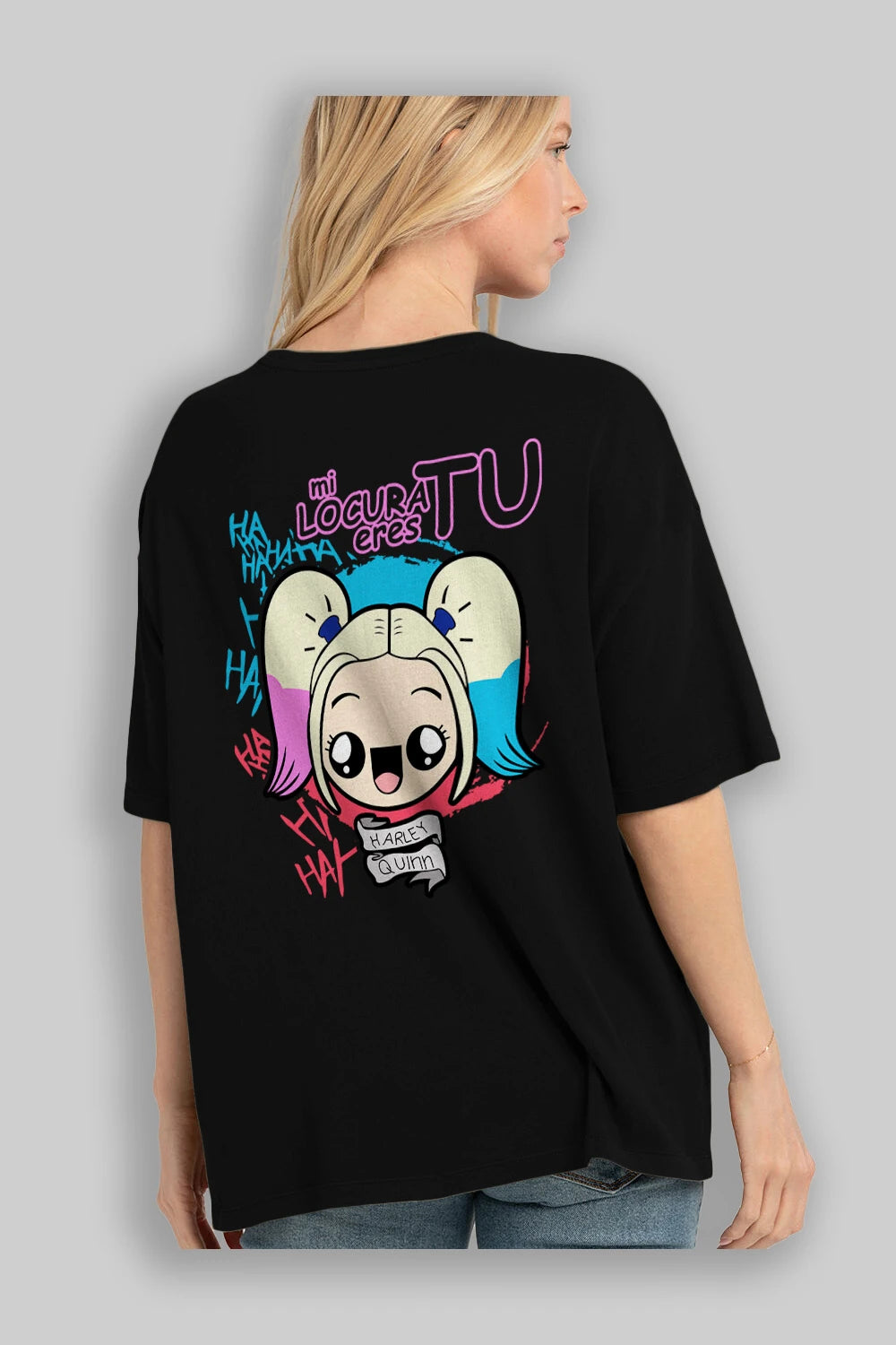 Harley Quinn Arka Baskılı Oversize t-shirt Erkek Kadın Unisex %100 Pamuk Bisiklet Yaka tişort