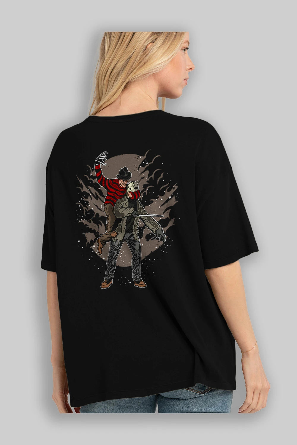 FREDDY VS JASON Arka Baskılı Oversize t-shirt Erkek Kadın Unisex %100 Pamuk