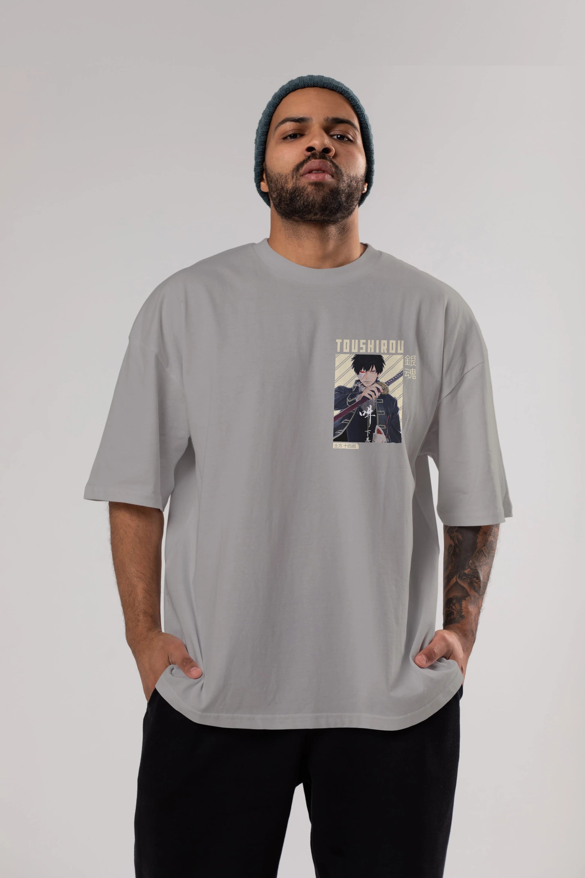 Toushirou Hijikata Ön Sol Baskılı Oversize t-shirt Erkek Kadın Unisex %100 Pamuk Bisiklet Yaka tişort