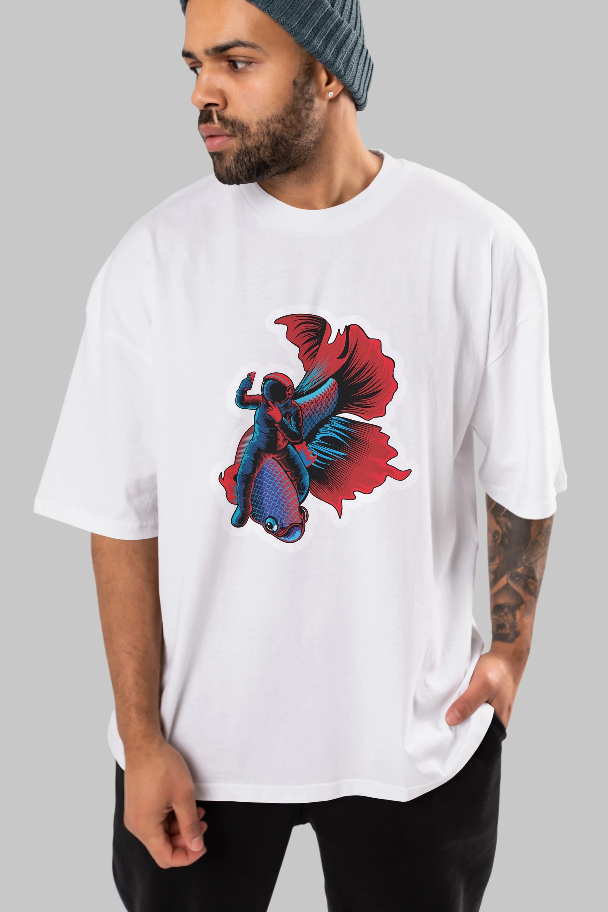Astrofish selfie sticker Ön Baskılı Oversize t-shirt Erkek Kadın Unisex