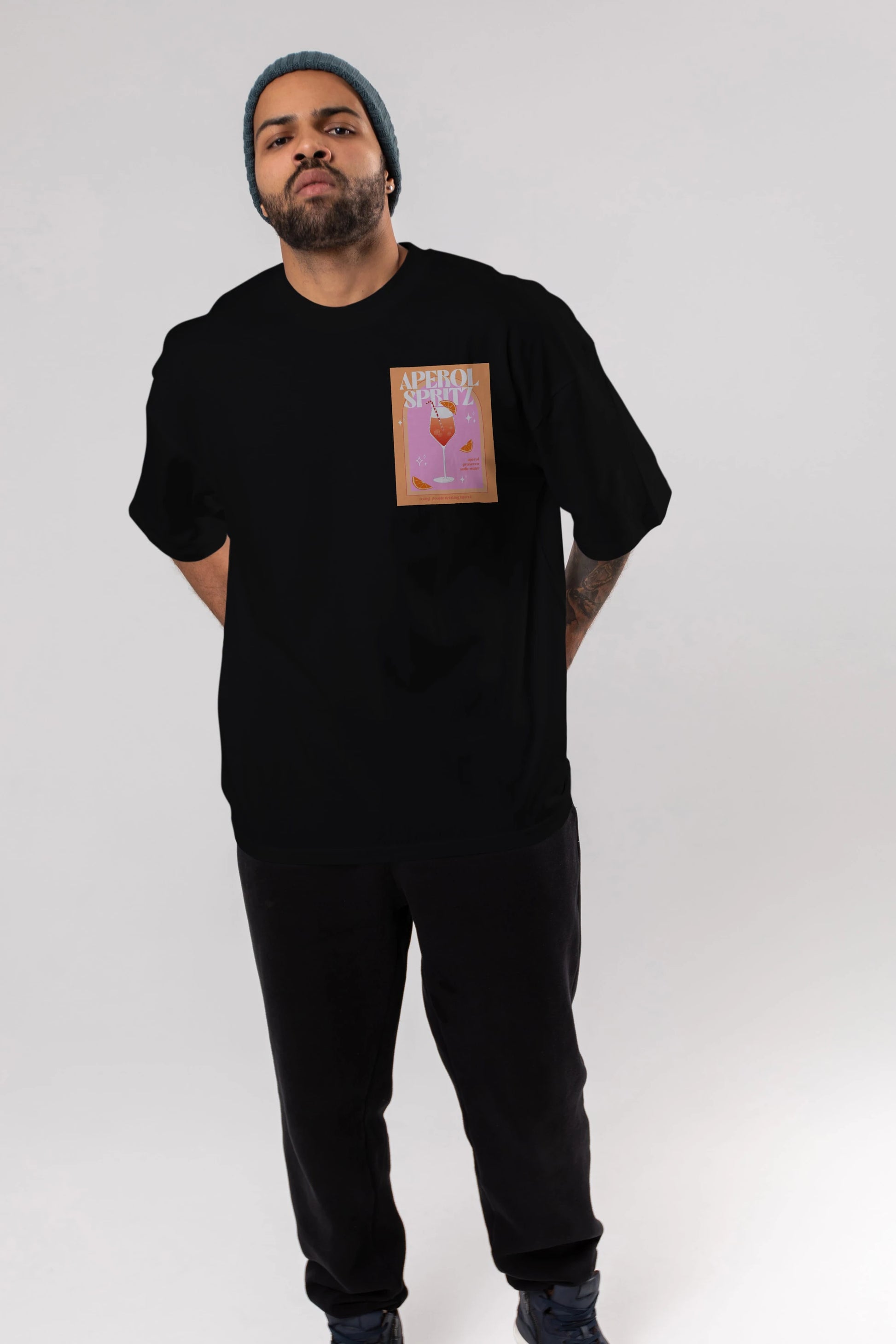 Aperol Spritz 2 Ön Sol Baskılı Oversize t-shirt Erkek Kadın Unisex %100 Pamuk Bisiklet Yaka tişort