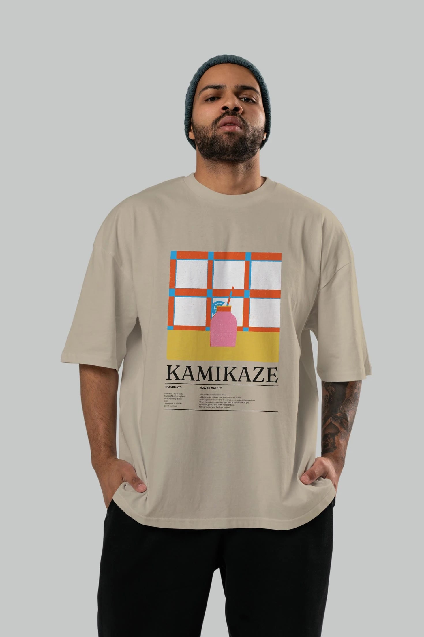 Kamikaze Kokteyl Ön Baskılı Oversize t-shirt Erkek Kadın %100 Pamuk Bisiklet Yaka tişort