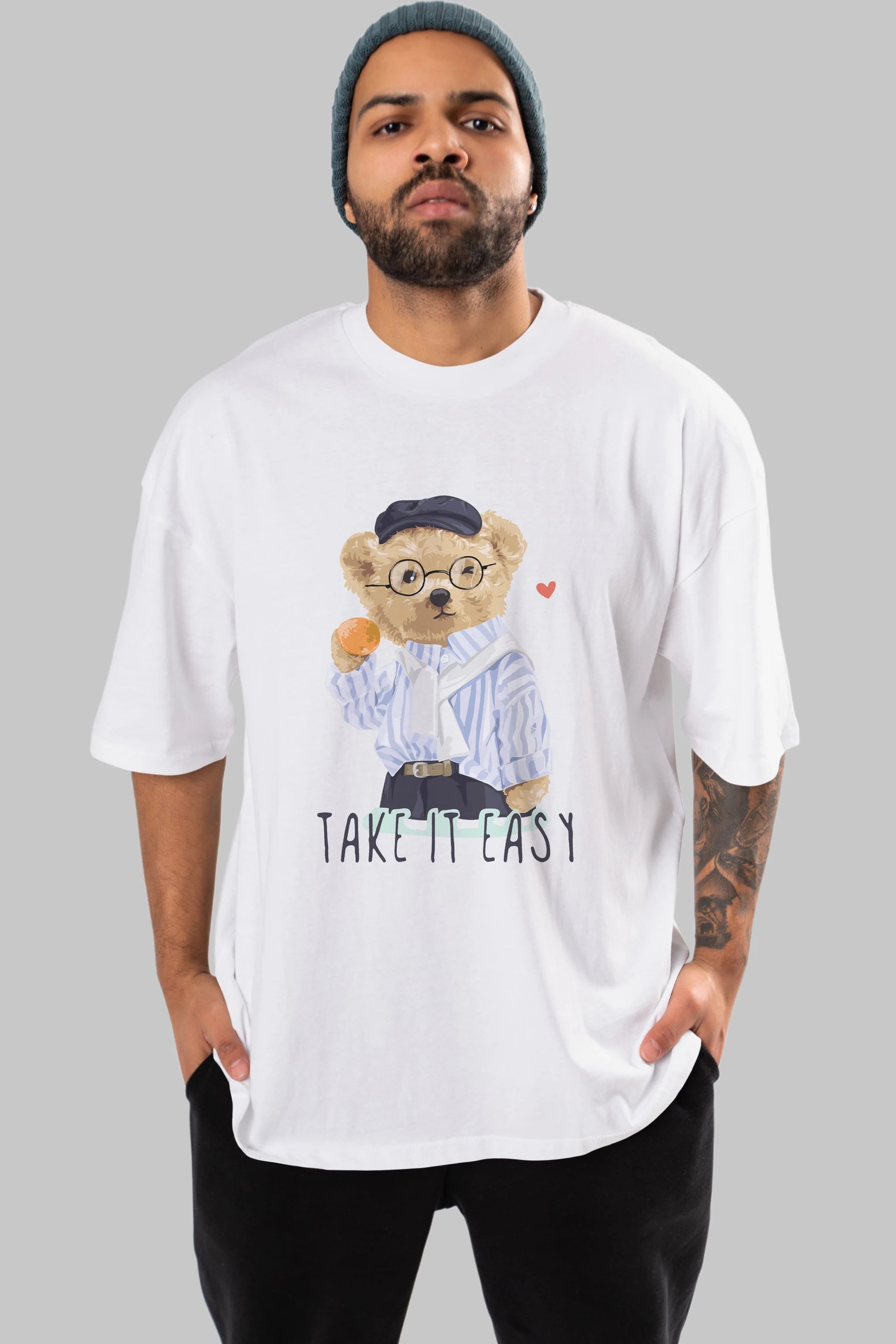 Teddy Bear Take it Easy Ön Baskılı Oversize t-shirt Erkek Kadın Unisex %100 Pamuk