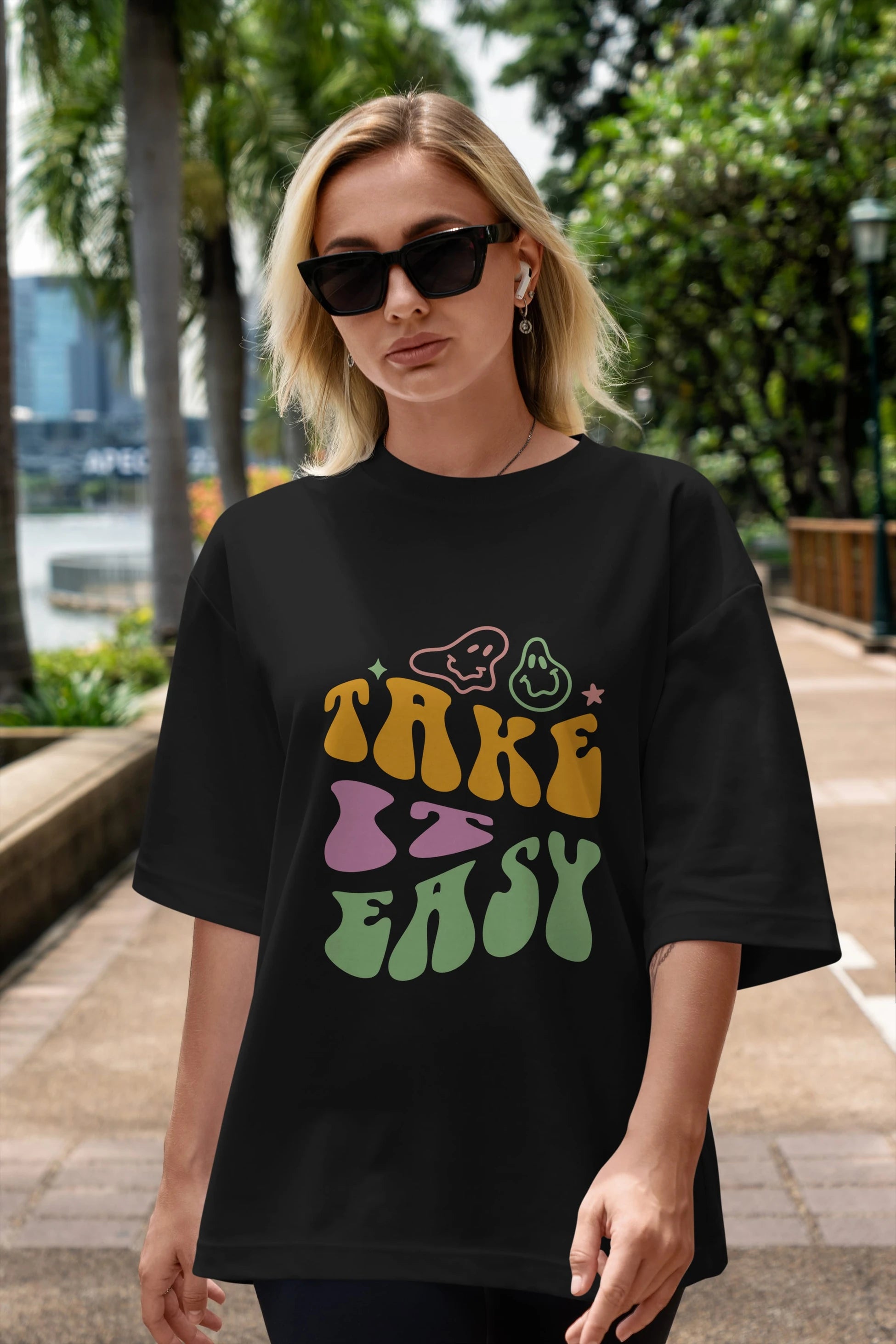 Take it Easy Yazılı Ön Baskılı Oversize t-shirt Erkek Kadın Unisex