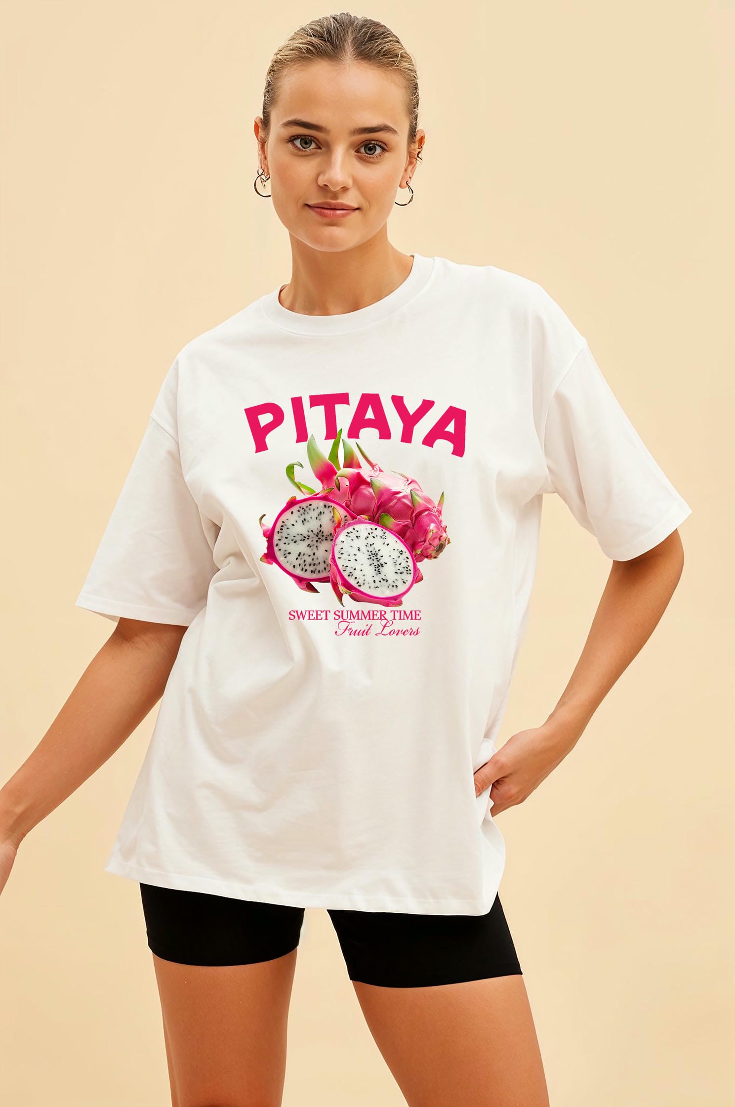 Pitaya Ön Baskılı Oversize t-shirt Erkek Kadın Pamuk Bisiklet Yaka tişort