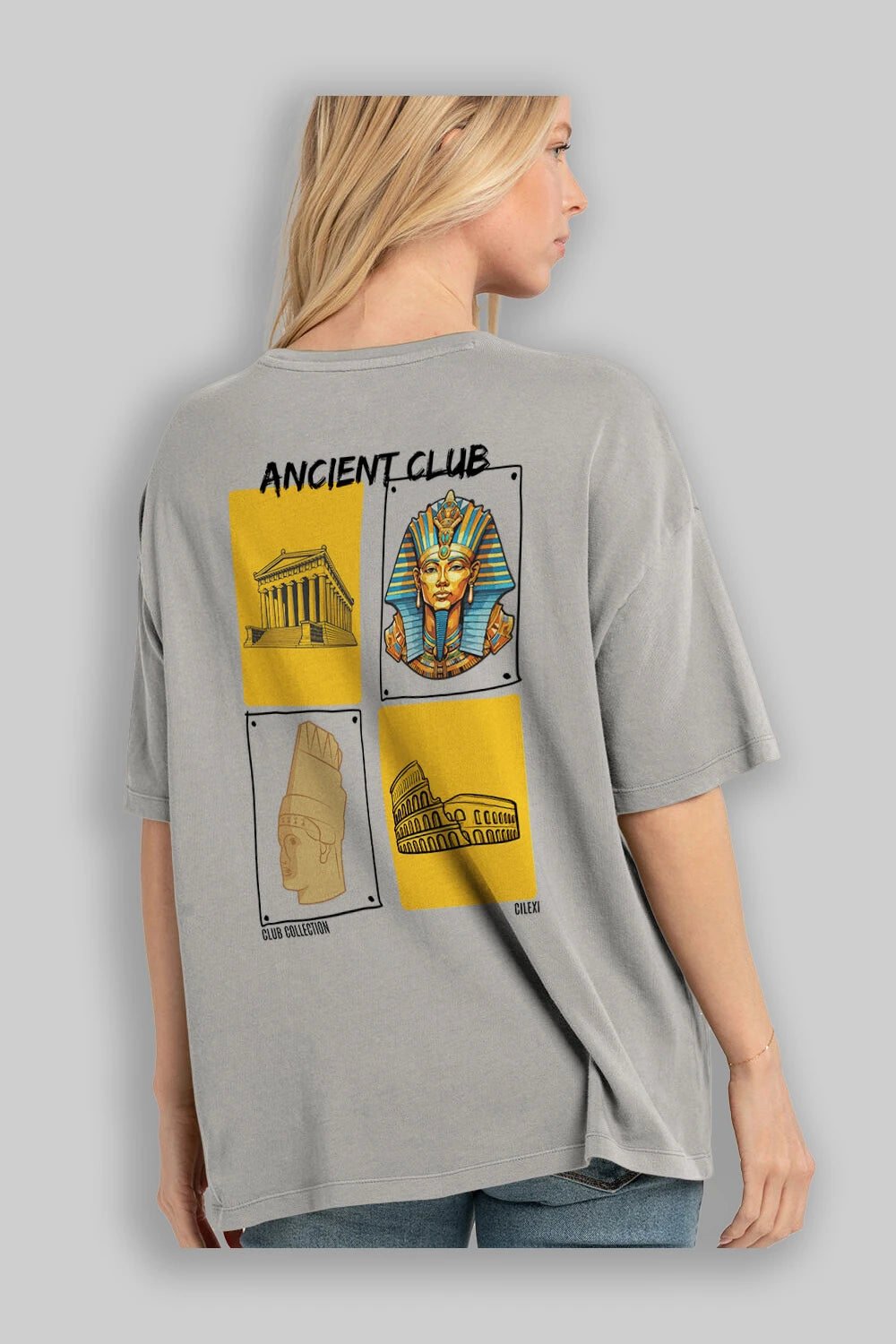 Ancient Club Arka Baskılı Oversize t-shirt Erkek Kadın %100 Pamuk Bisiklet Yaka tişort