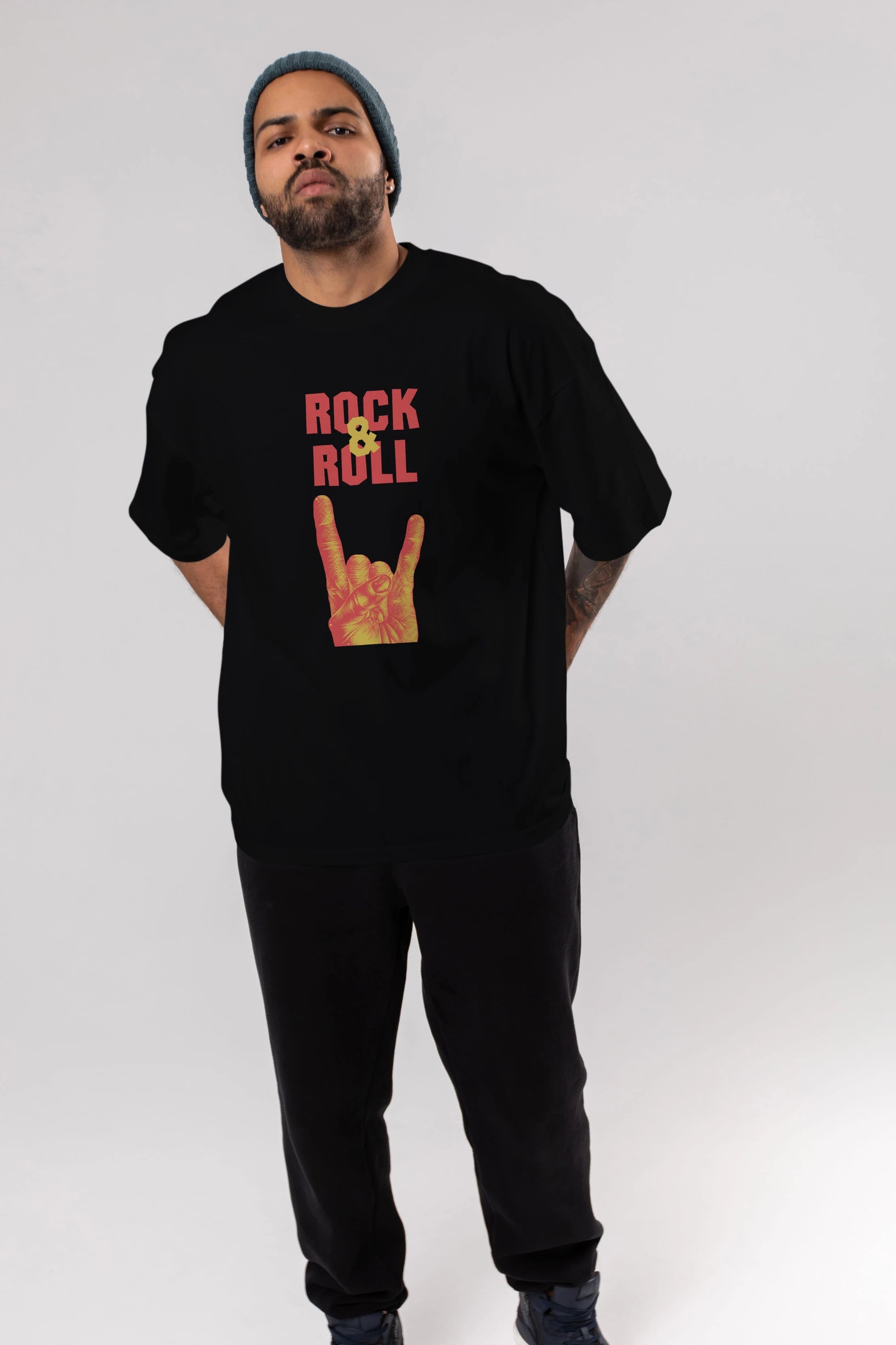 Rock & Roll Yazılı Ön Baskılı Oversize t-shirt Erkek Kadın Unisex