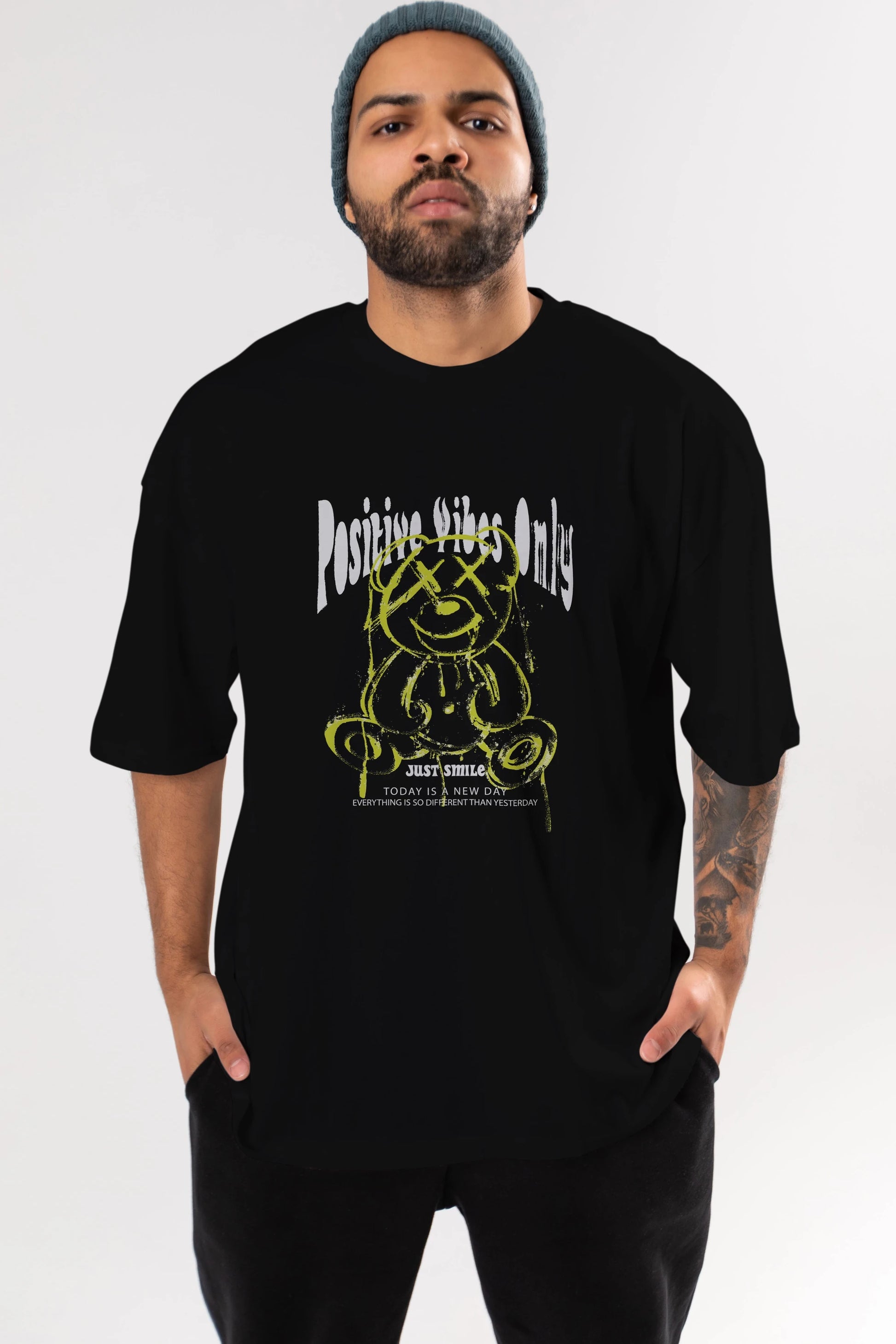 Positive Vibes Only Bear Ön Baskılı Oversize t-shirt Erkek Kadın Unisex