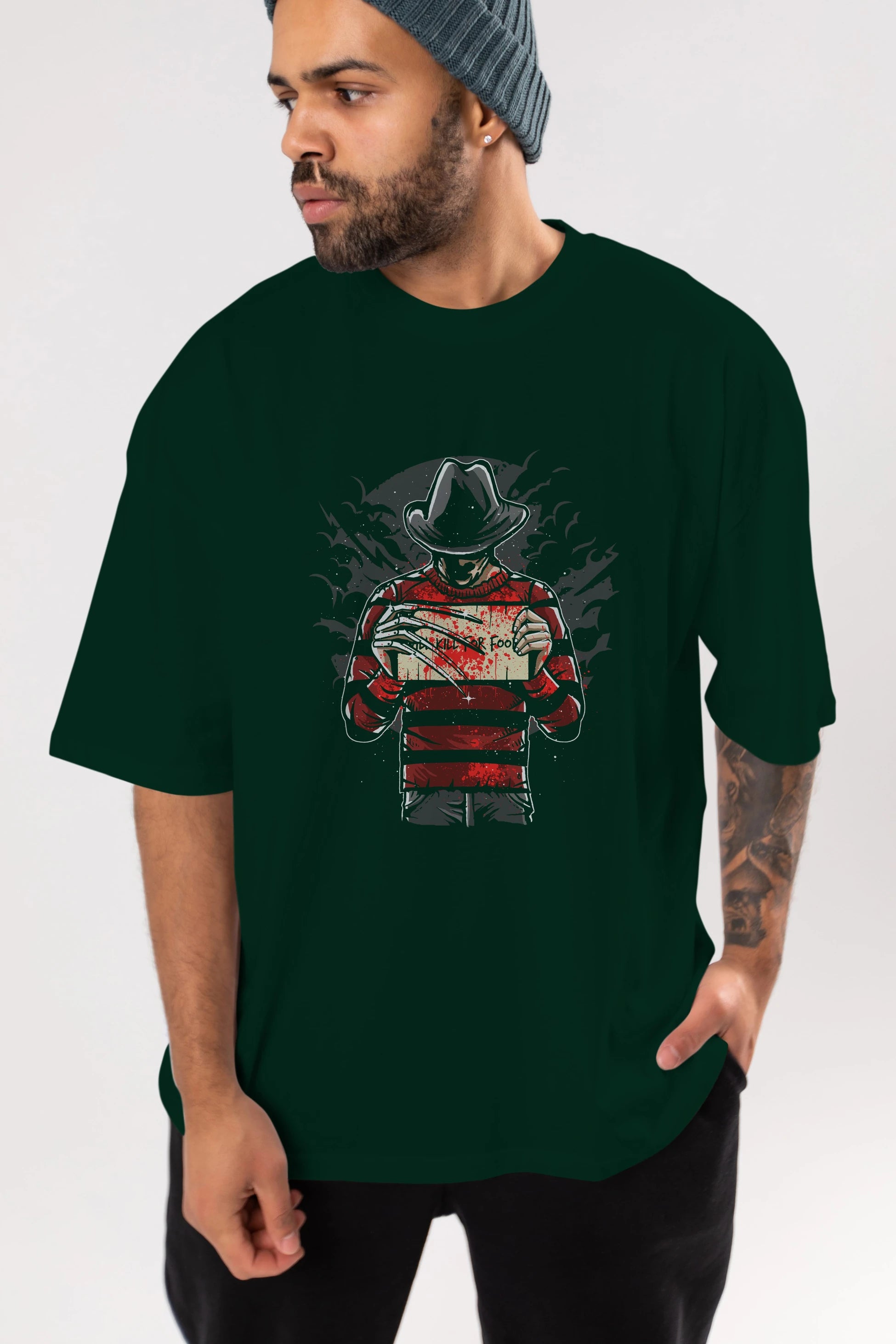 Freddy Will Kill For Food Ön Baskılı Oversize t-shirt Erkek Kadın Unisex %100 Pamuk tişort