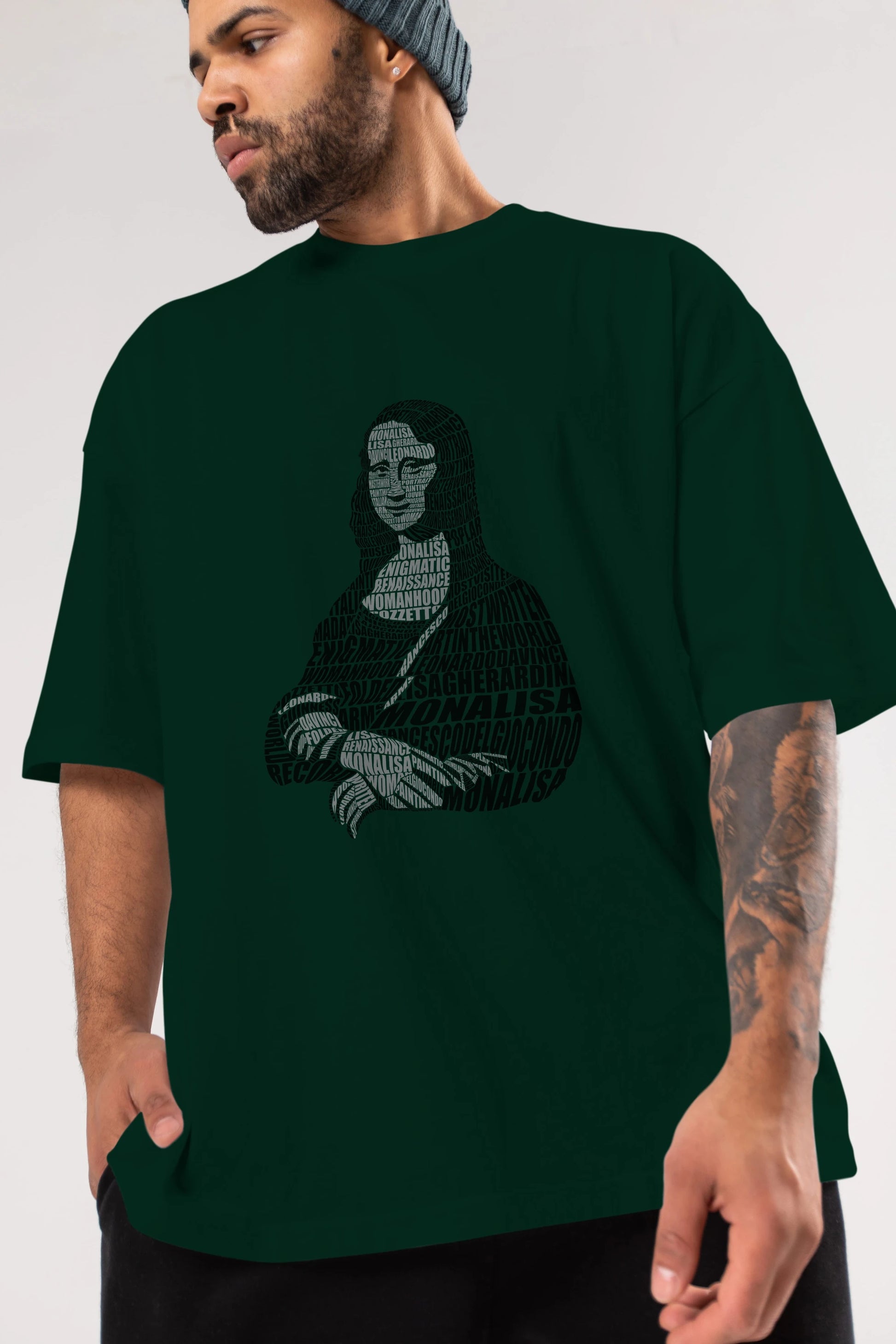 Mona Lisa Calligram Ön Baskılı Oversize t-shirt %100 pamuk Erkek Kadın Unisex