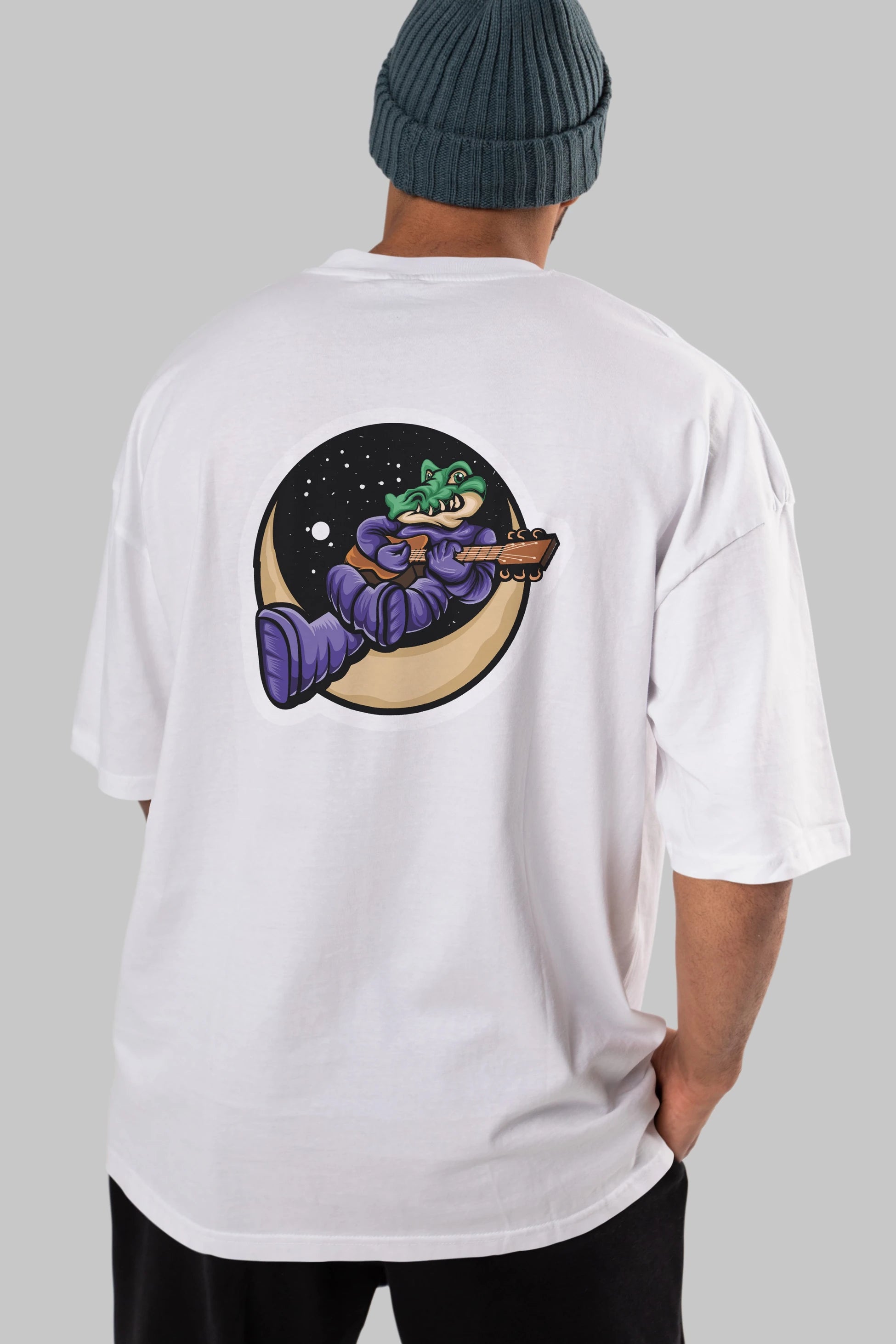 Space Crocodile Sticker Arka Baskılı Oversize t-shirt Erkek Kadın Unisex