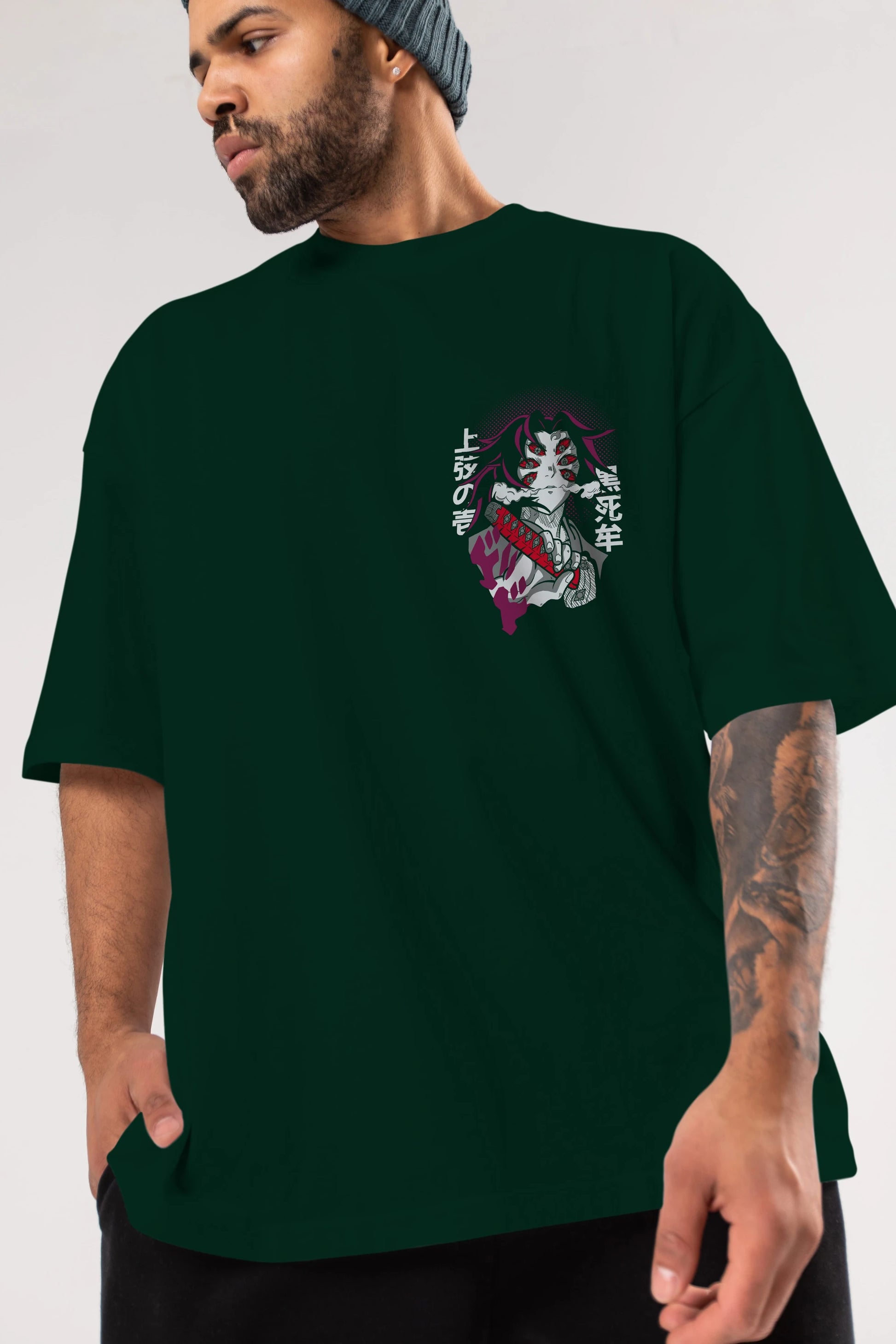 Kokushibo Ön Sol Baskılı Oversize t-shirt Erkek Kadın Unisex %100 Pamuk Bisiklet Yaka tişort