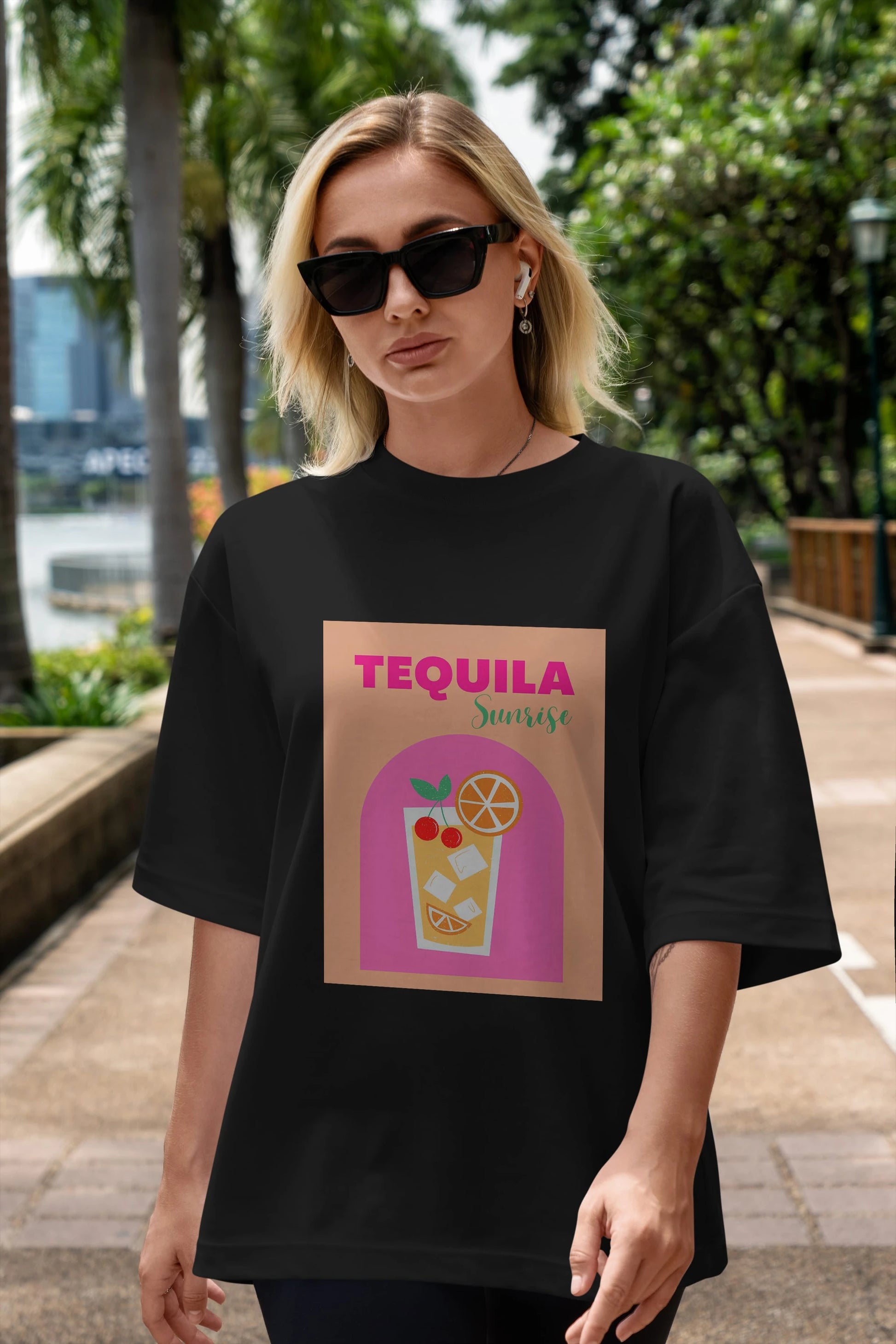 Tequila Sunrise 2 Ön Baskılı Oversize t-shirt Erkek Kadın Unisex %100 Pamuk Bisiklet Yaka tişort