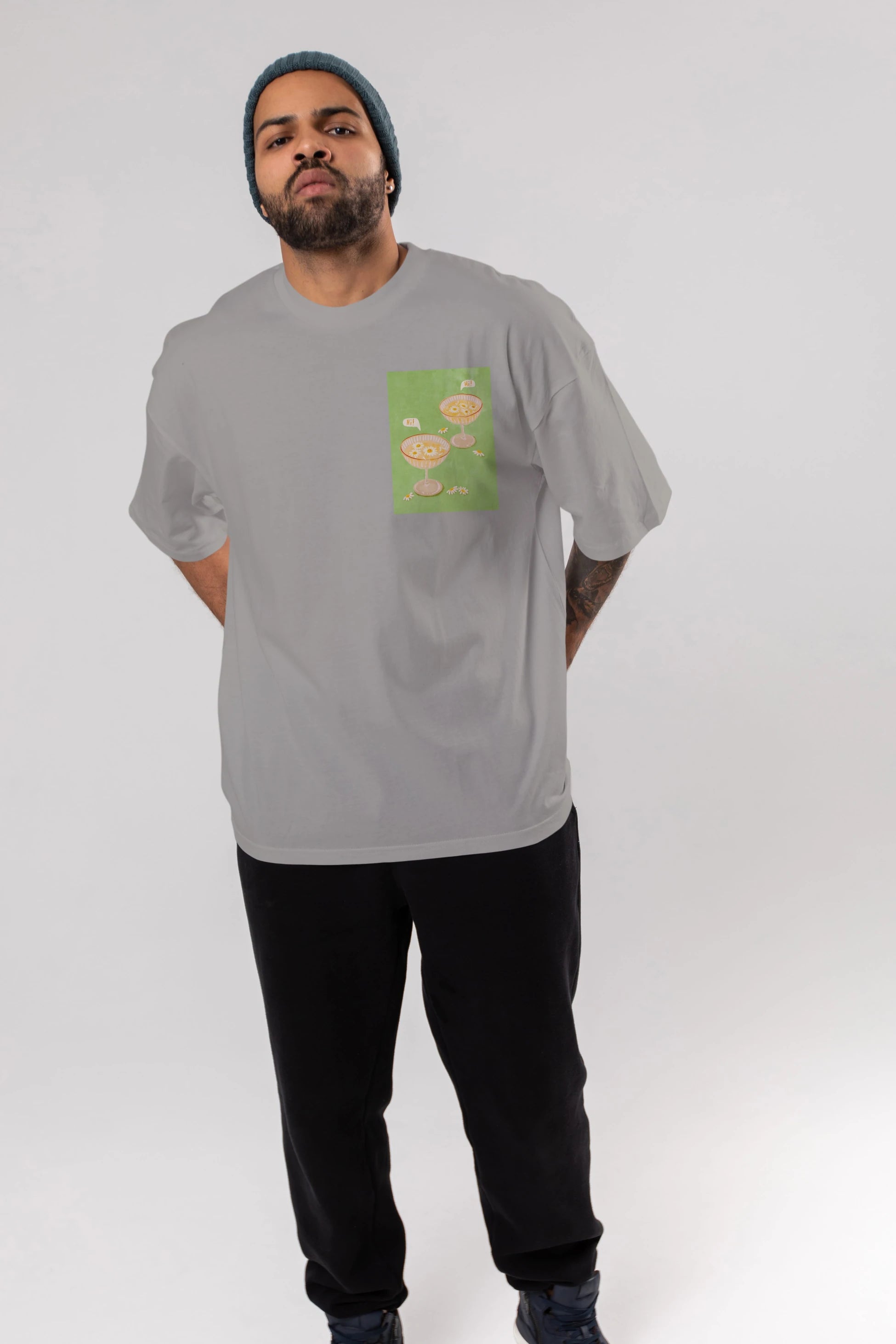 Hi Cheers Ön Sol Baskılı Oversize t-shirt Erkek Kadın Unisex %100 Pamuk Bisiklet Yaka tişort