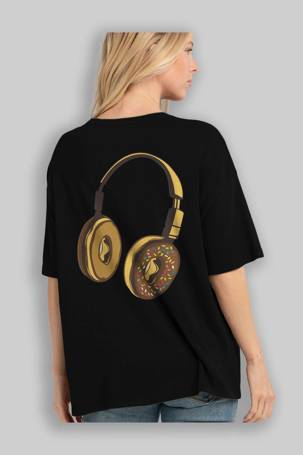Headphone Donut Arka Baskılı Oversize t-shirt %100 pamuk Erkek Kadın Unisex
