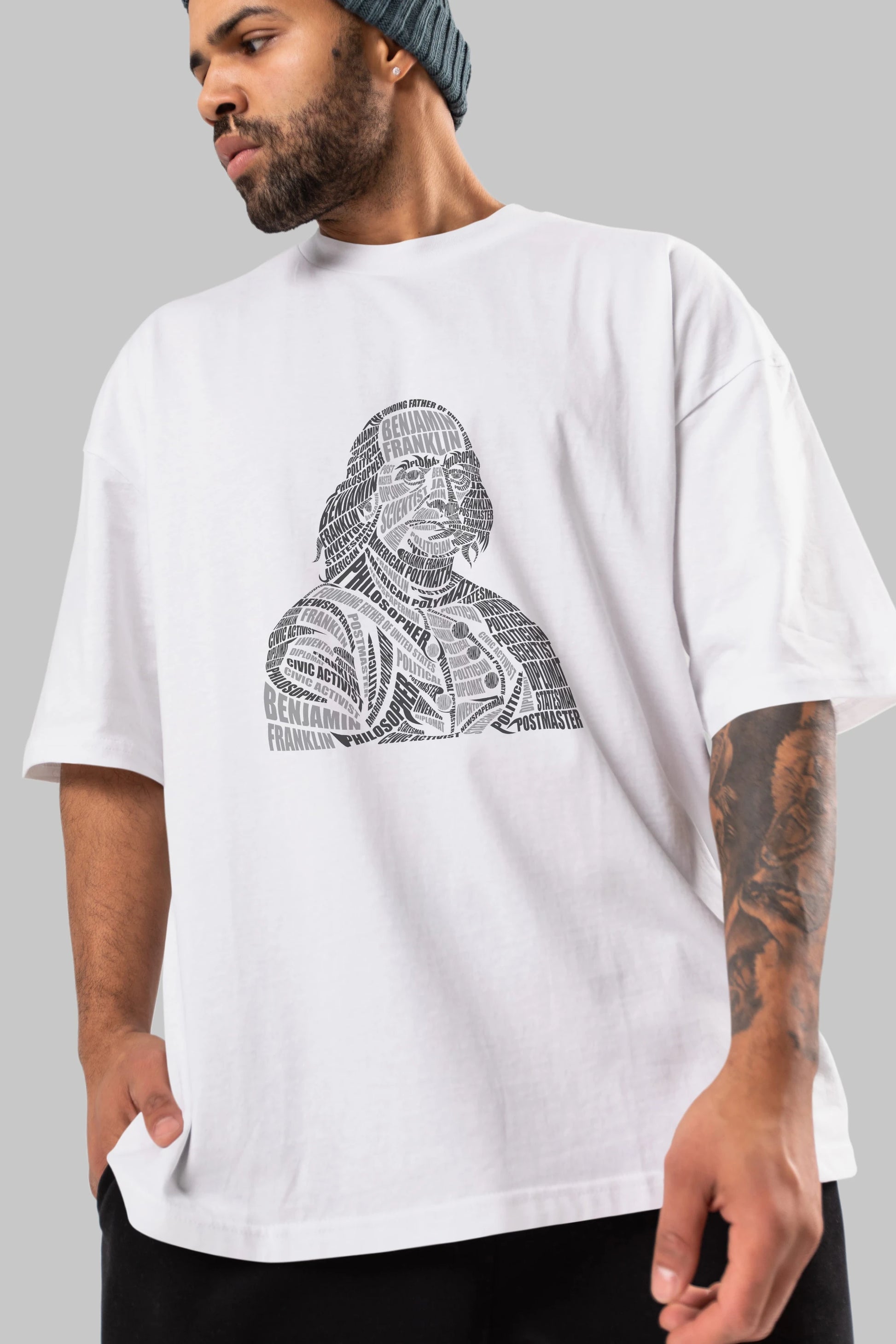Benjamin Franklin Calligram Ön Baskılı Oversize t-shirt %100 pamuk Erkek Kadın Unisex