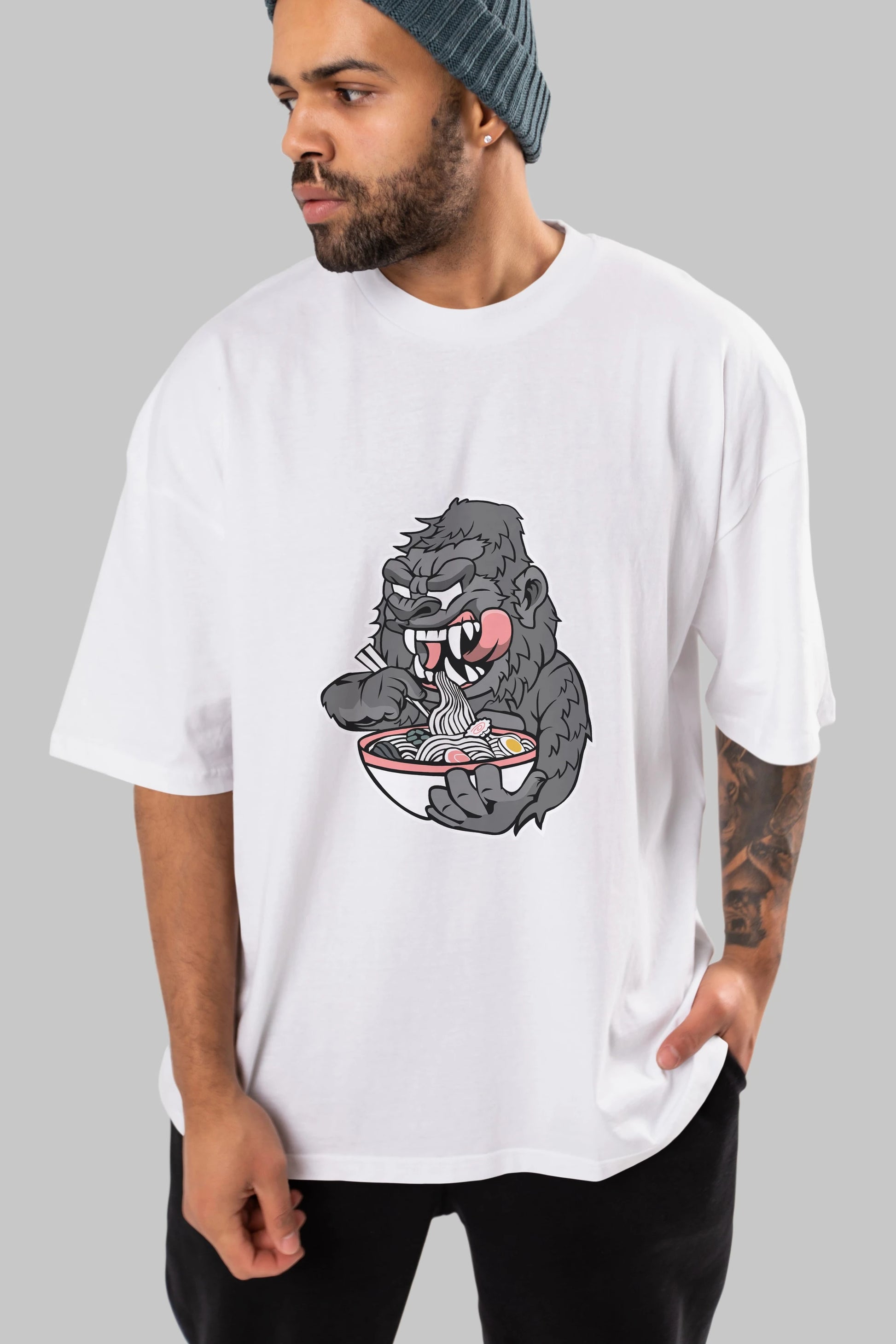 Big Gorilla Ramen Ön Baskılı Oversize t-shirt Erkek Kadın Unisex %100 Pamuk tişort