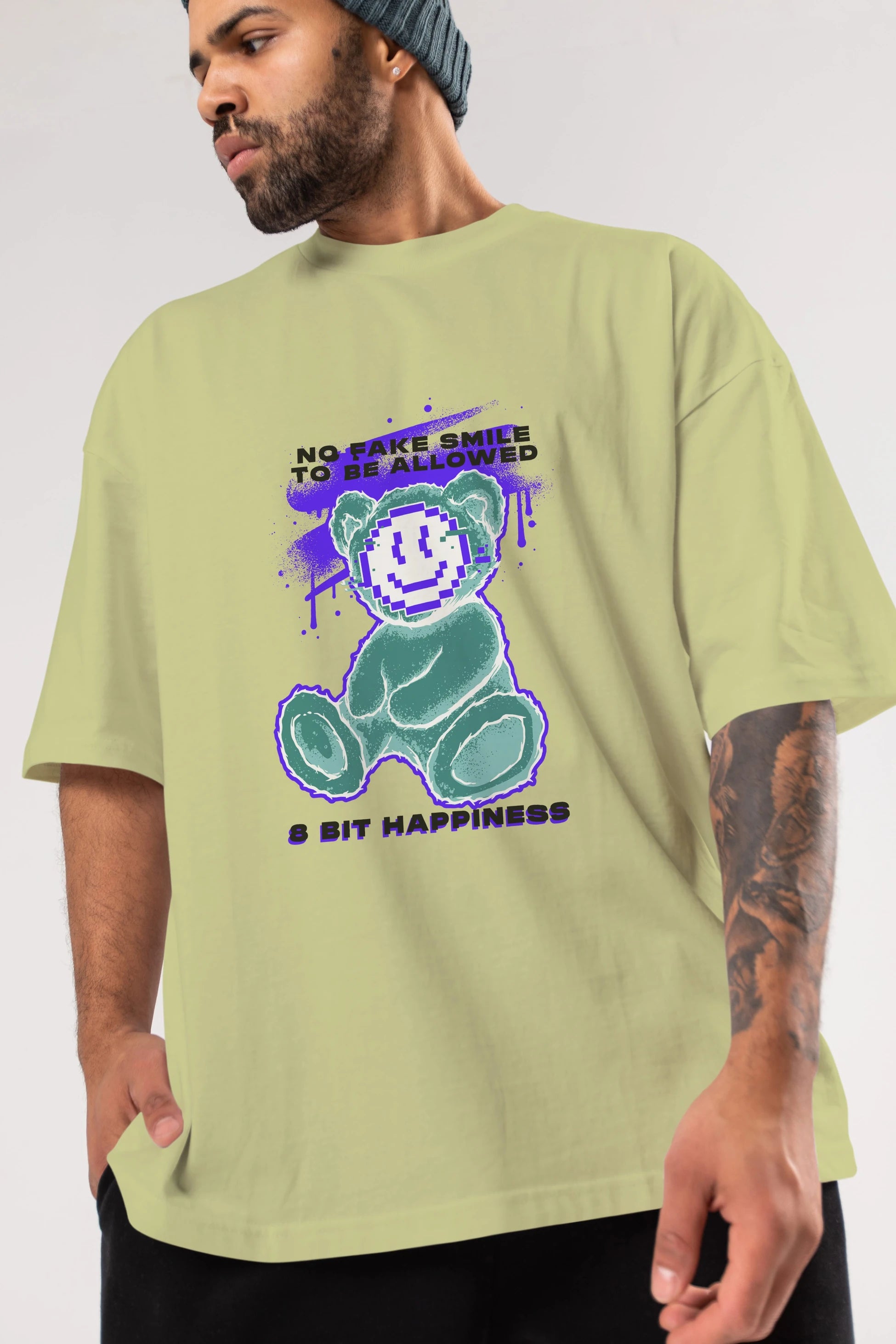 No Fake Smile Bear Ön Baskılı Oversize t-shirt Erkek Kadın Unisex