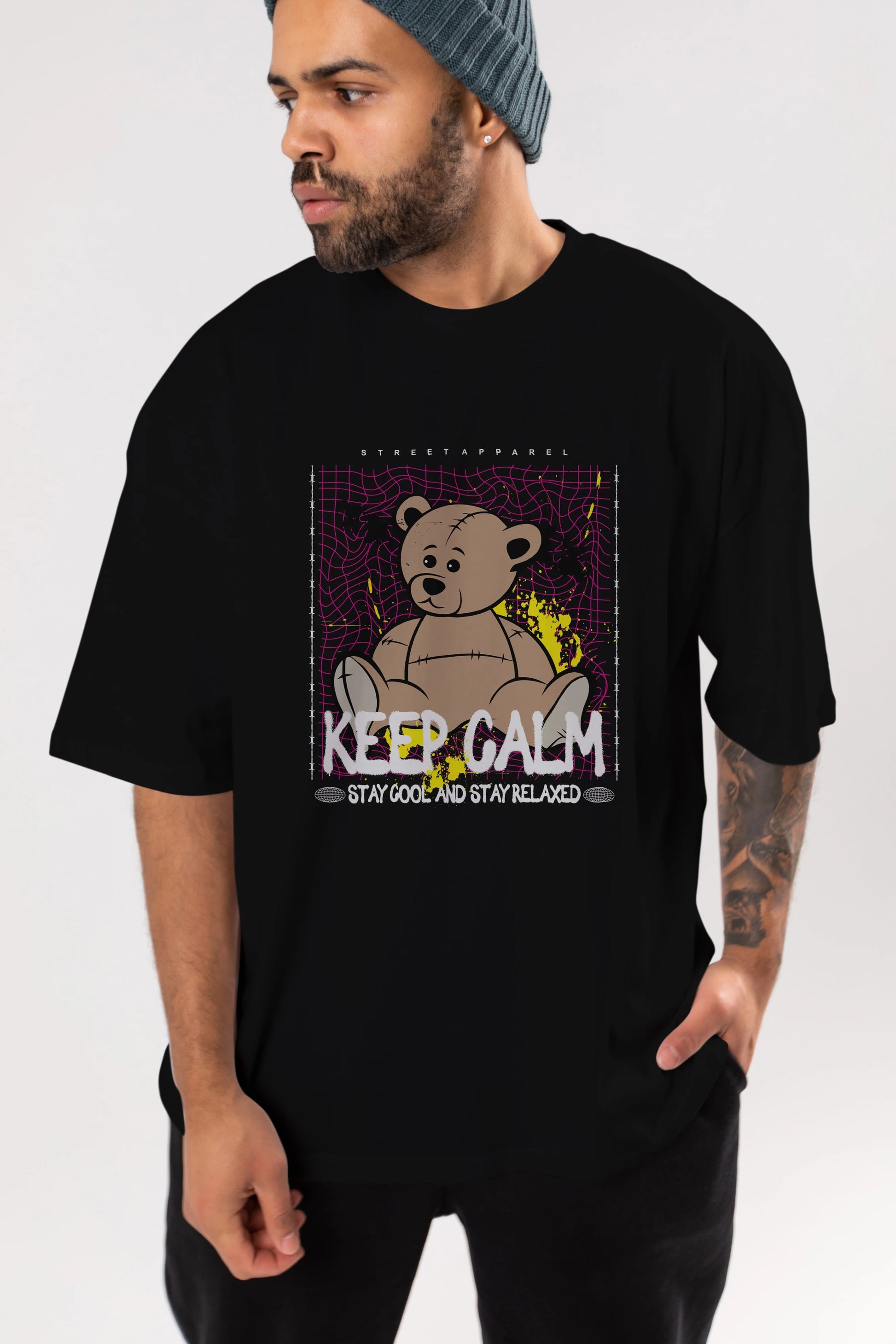 Keep Calm Bear Ön Baskılı Oversize t-shirt Erkek Kadın Unisex