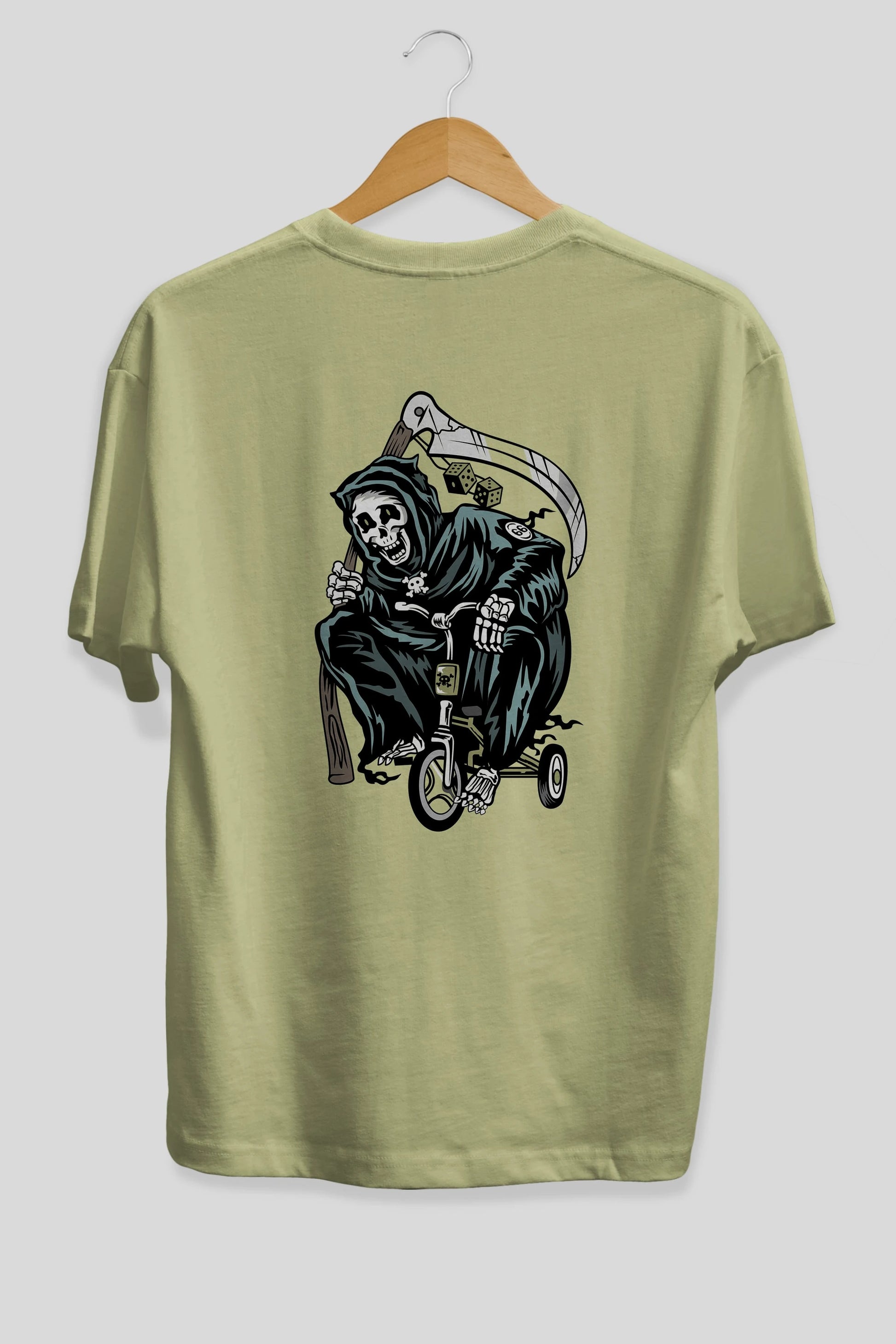 Grim Reaper Bicycle Arka Baskılı Oversize t-shirt Erkek Kadın Unisex %100 Pamuk tişort