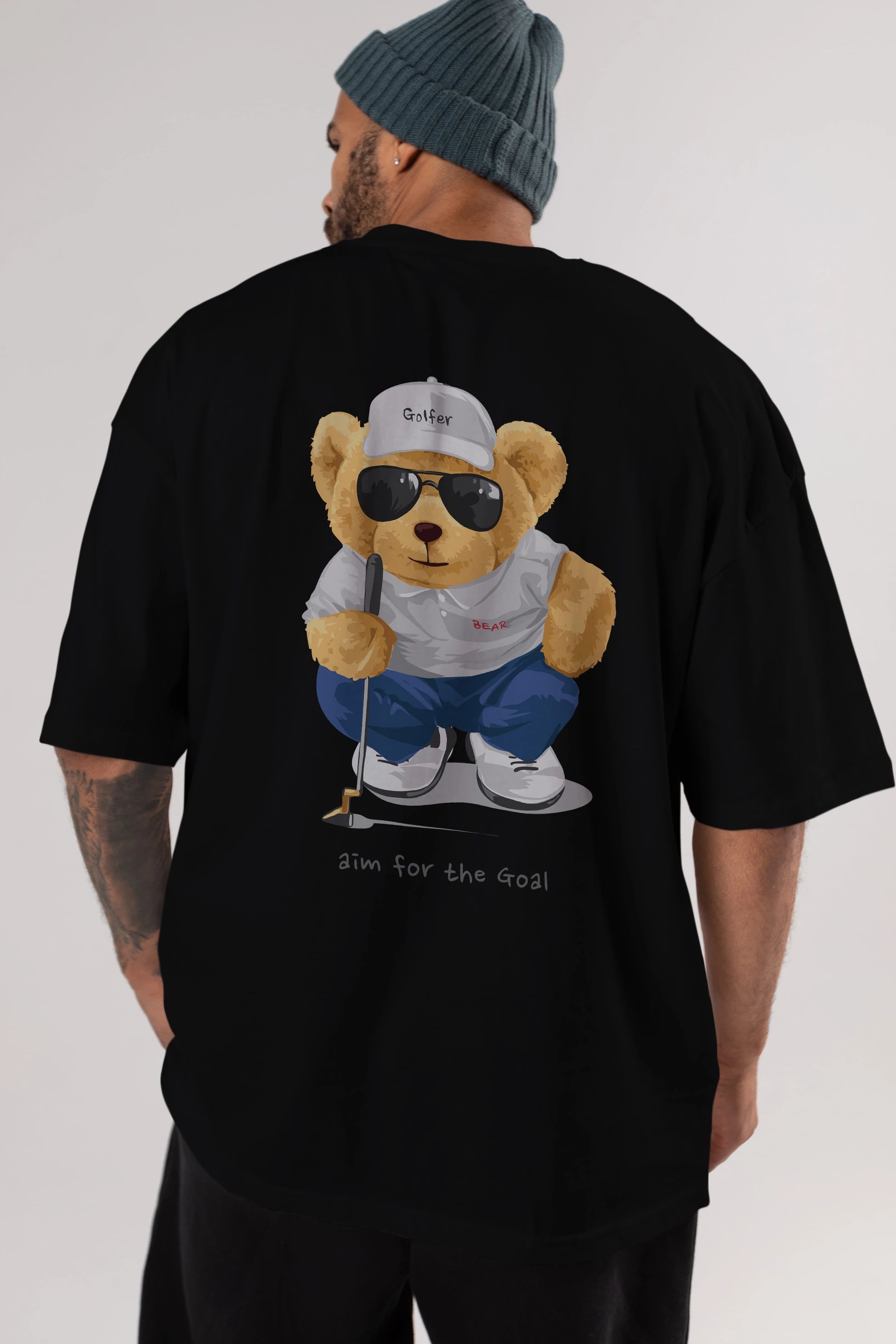 Teddy Bear Golfer Arka Baskılı Oversize t-shirt Erkek Kadın Unisex %100 Pamuk