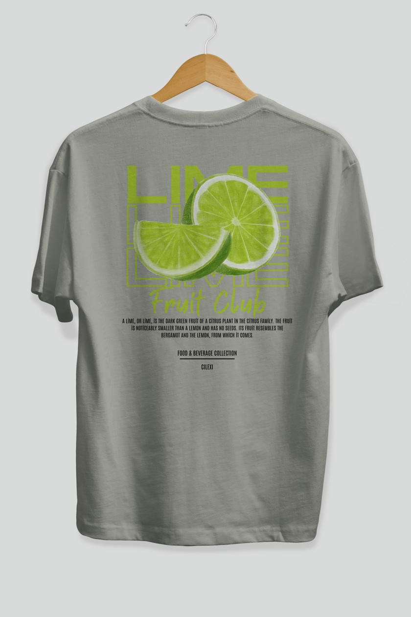 Lime Arka Baskılı Oversize t-shirt Erkek Kadın Pamuk Bisiklet Yaka tişort