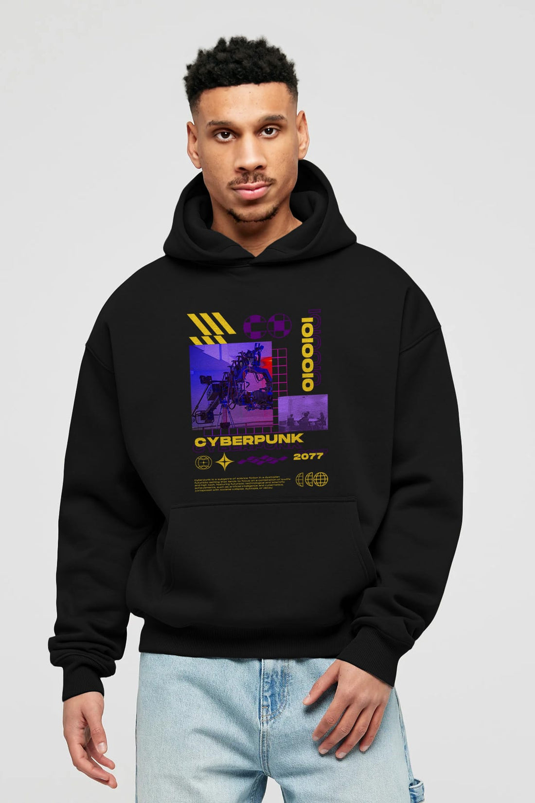 Cyberpunk Yazılı Ön Baskılı Oversize Hoodie Kapüşonlu Sweatshirt Erkek Kadın Unisex
