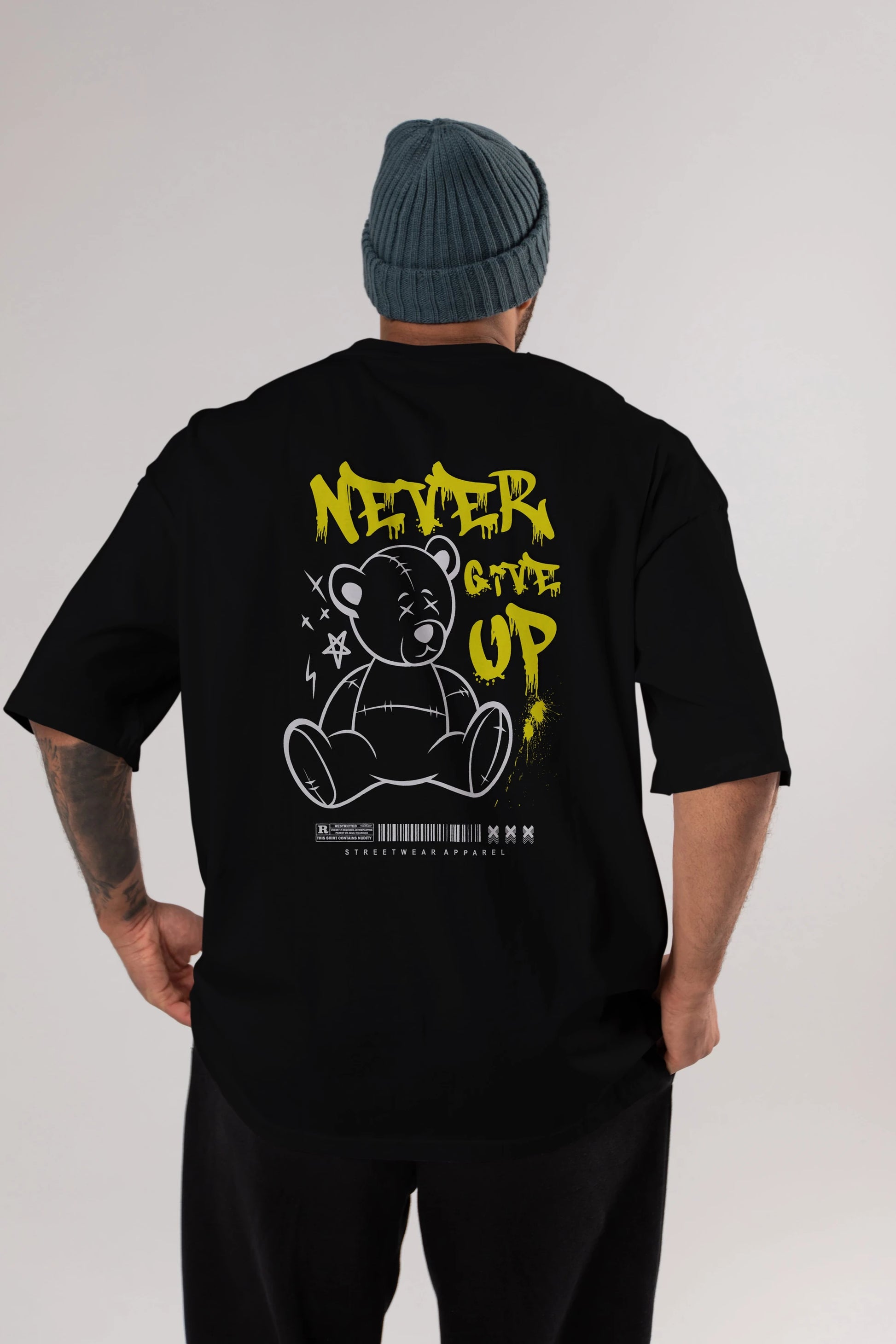 Teddy Bear Never Give Up Arka Baskılı Oversize t-shirt Erkek Kadın Unisex