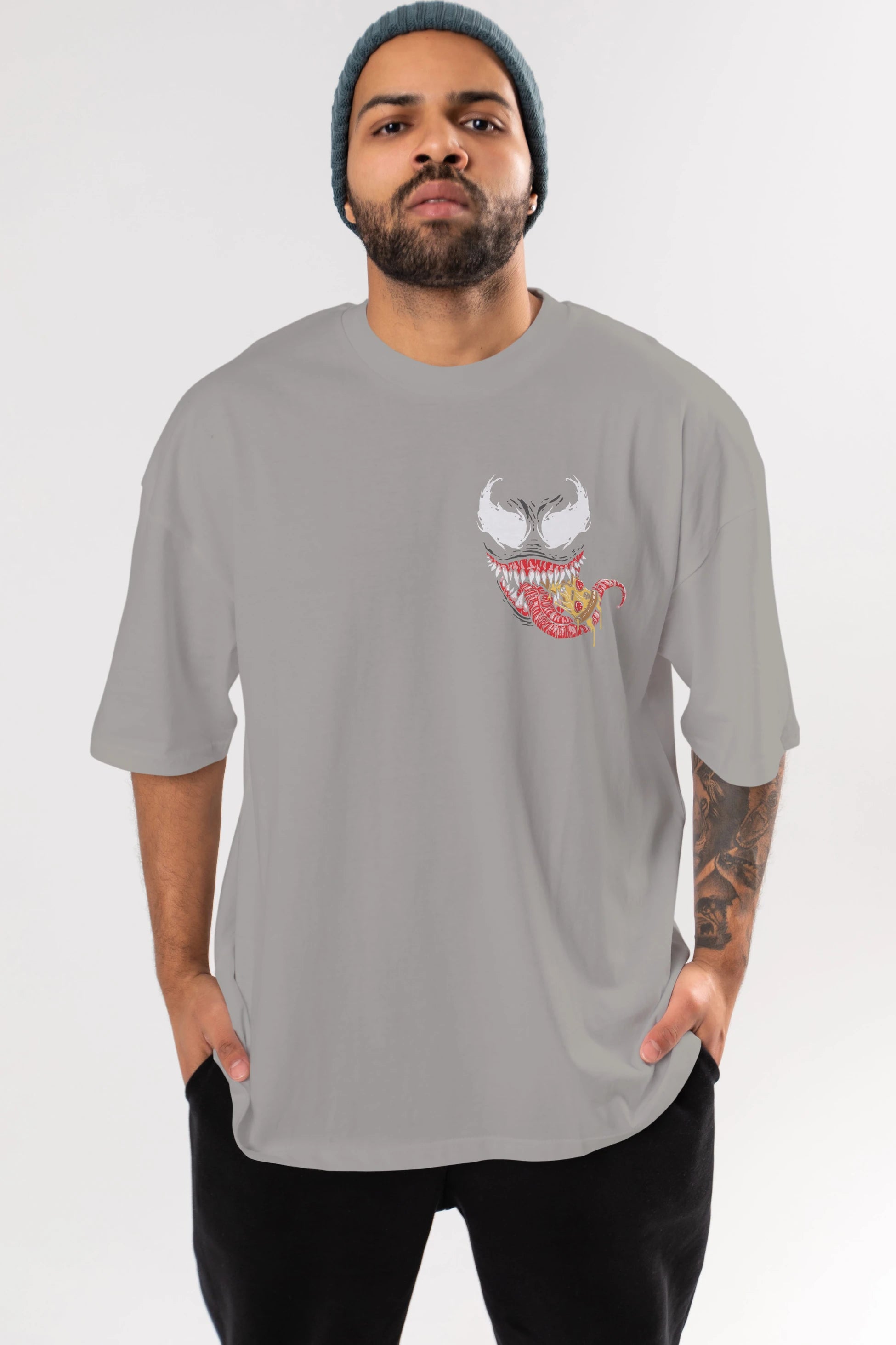 Venom (1) Ön Sol Baskılı Oversize t-shirt Erkek Kadın Unisex %100 Pamuk Bisiklet Yaka tişort