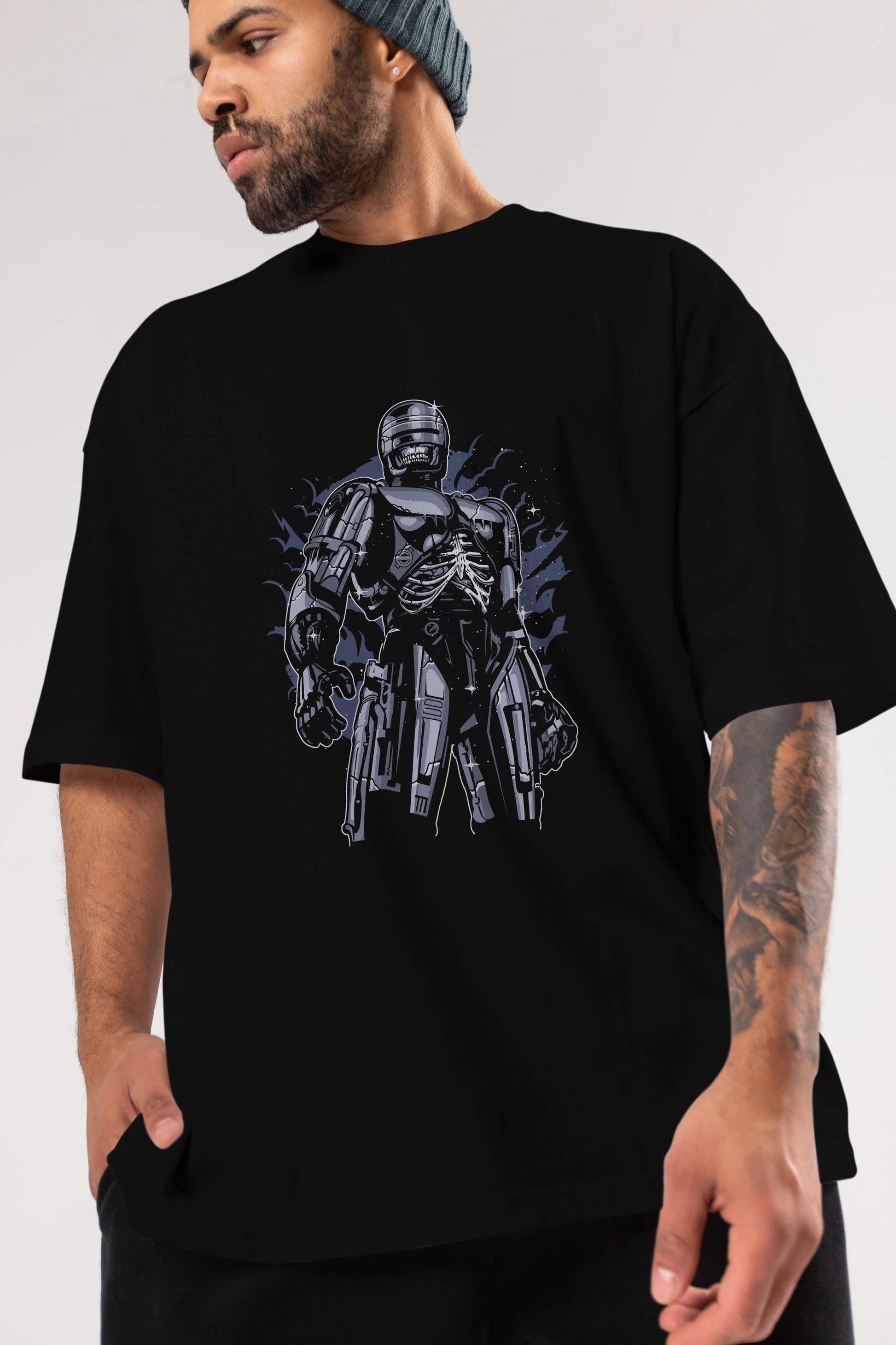 Roboskull Ön Baskılı Oversize t-shirt Erkek Kadın Unisex %100 Pamuk tişort