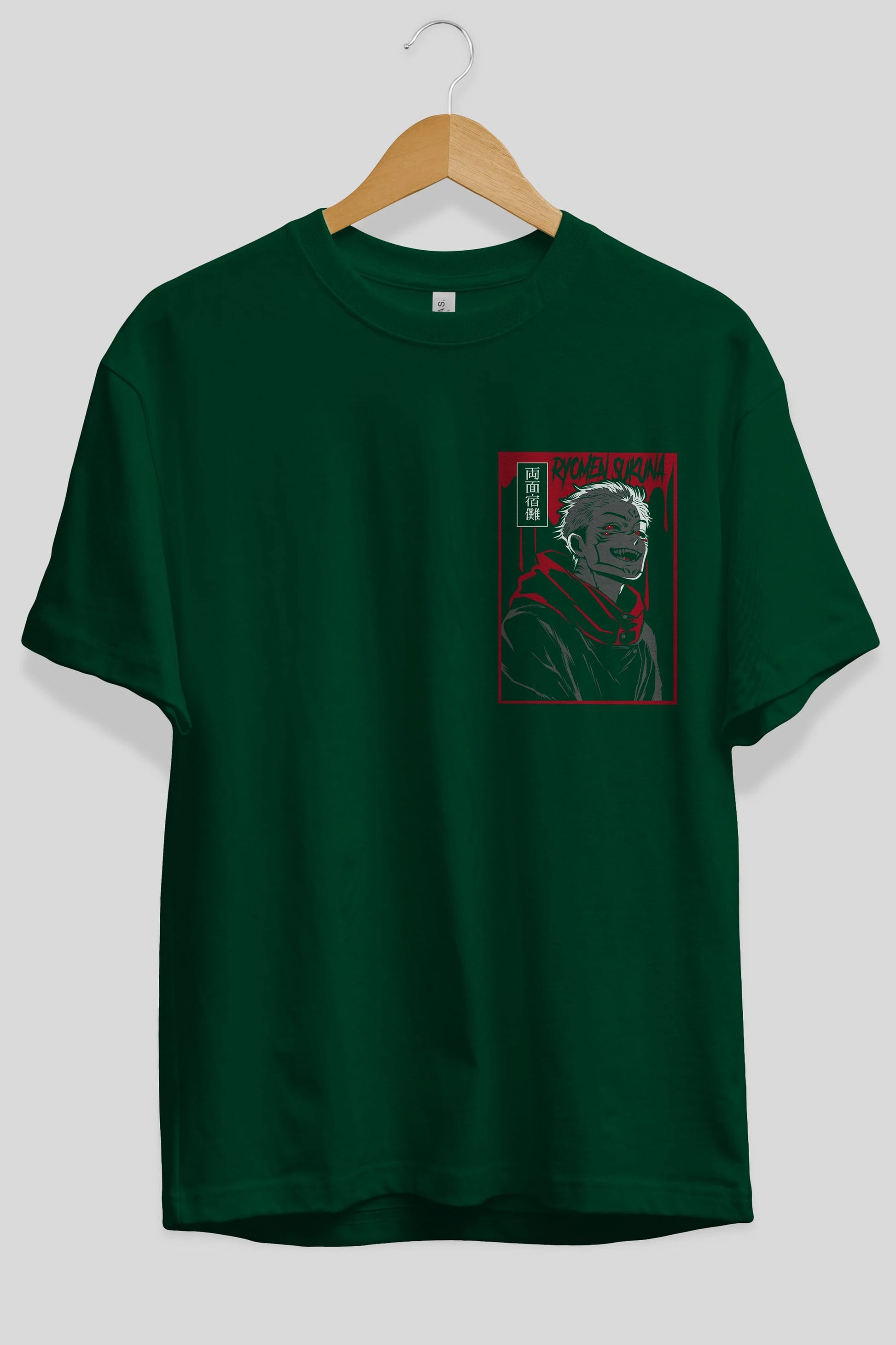 SUKUNA Ön Sol Baskılı Oversize t-shirt Erkek Kadın Unisex %100 Pamuk Bisiklet Yaka tişort
