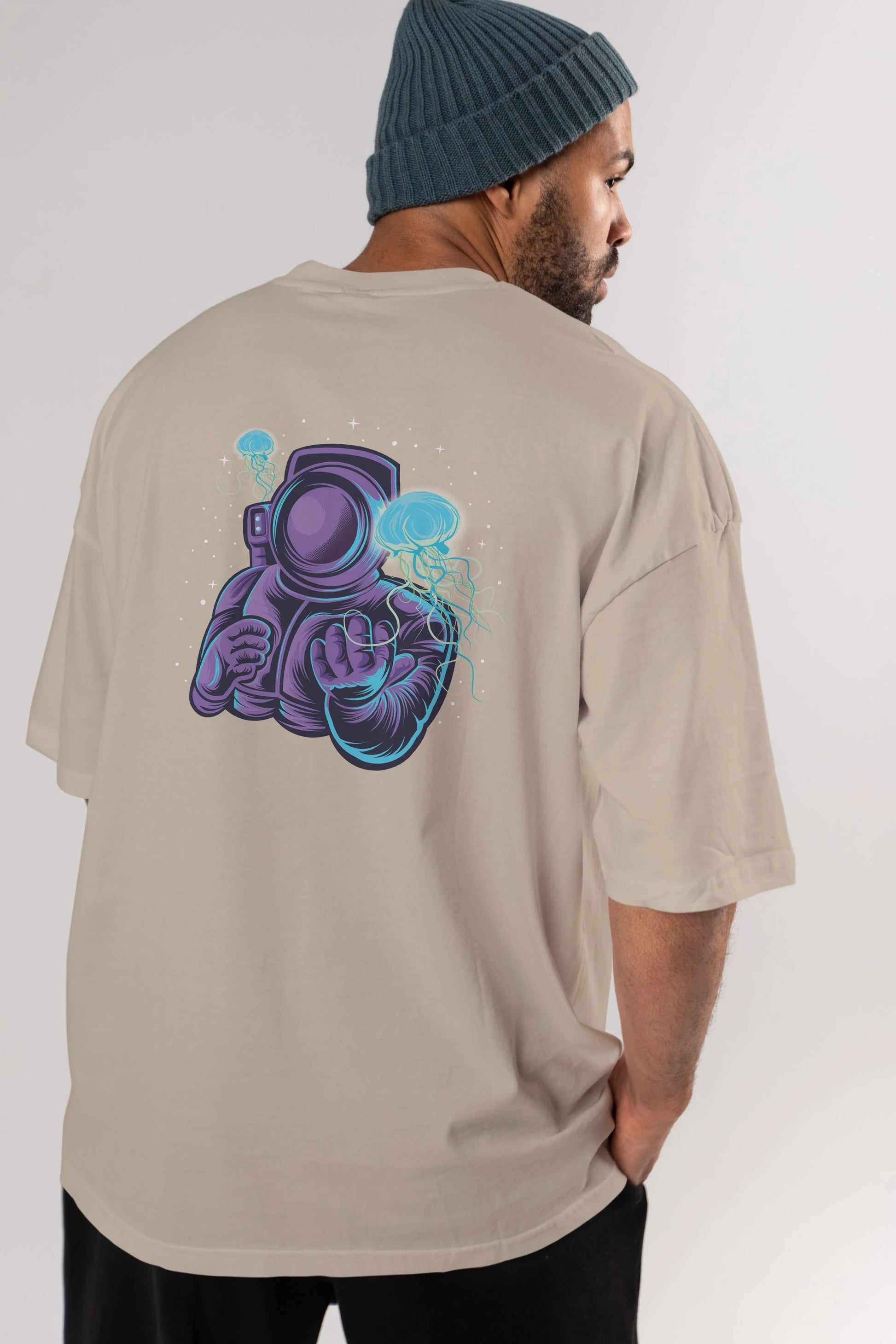 Astronaut and Jellyfish Arka Baskılı Oversize t-shirt Erkek Kadın Unisex