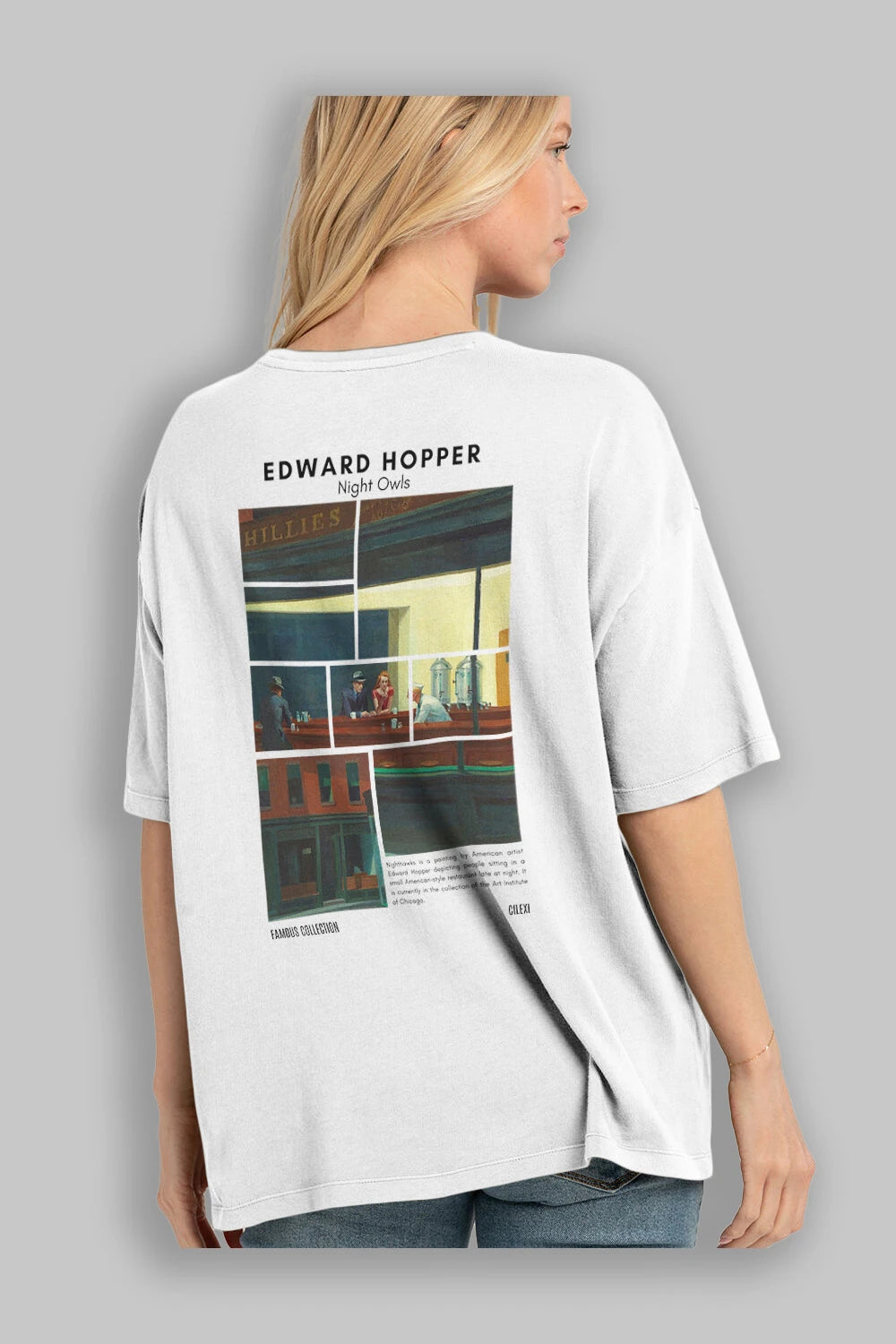 Edward Hopper Night Owls Arka Baskılı Oversize t-shirt Erkek Kadın Bisiklet Yaka Pamuk tişort