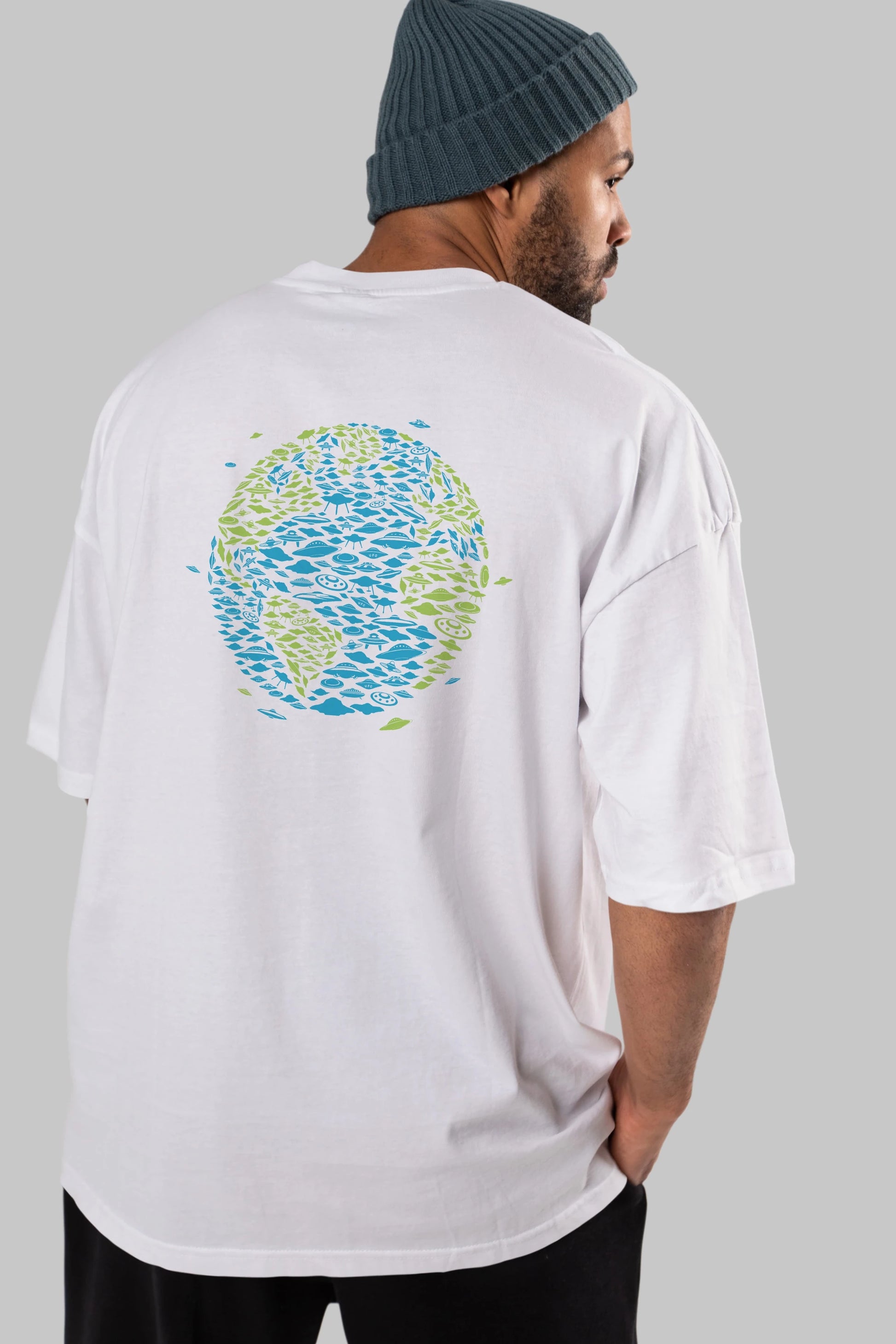 UFO Invasion Arka Baskılı Oversize t-shirt %100 pamuk Erkek Kadın Unisex