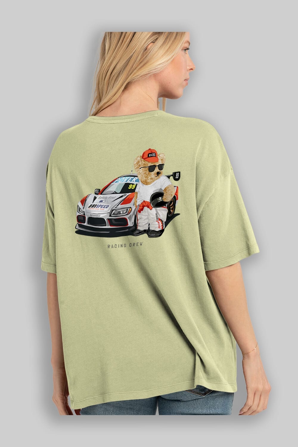 Teddy Bear Racing Crew Arka Baskılı Oversize t-shirt Erkek Kadın Unisex %100 Pamuk