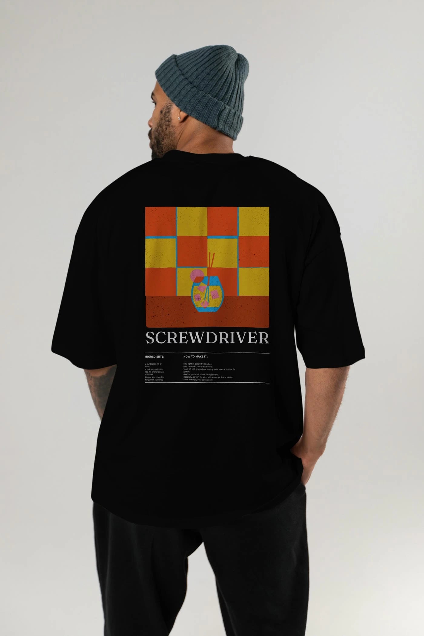 Screwdriver Kokteyl Serisi Arka Baskılı Oversize t-shirt Erkek Kadın %100 Pamuk Bisiklet Yaka tişort