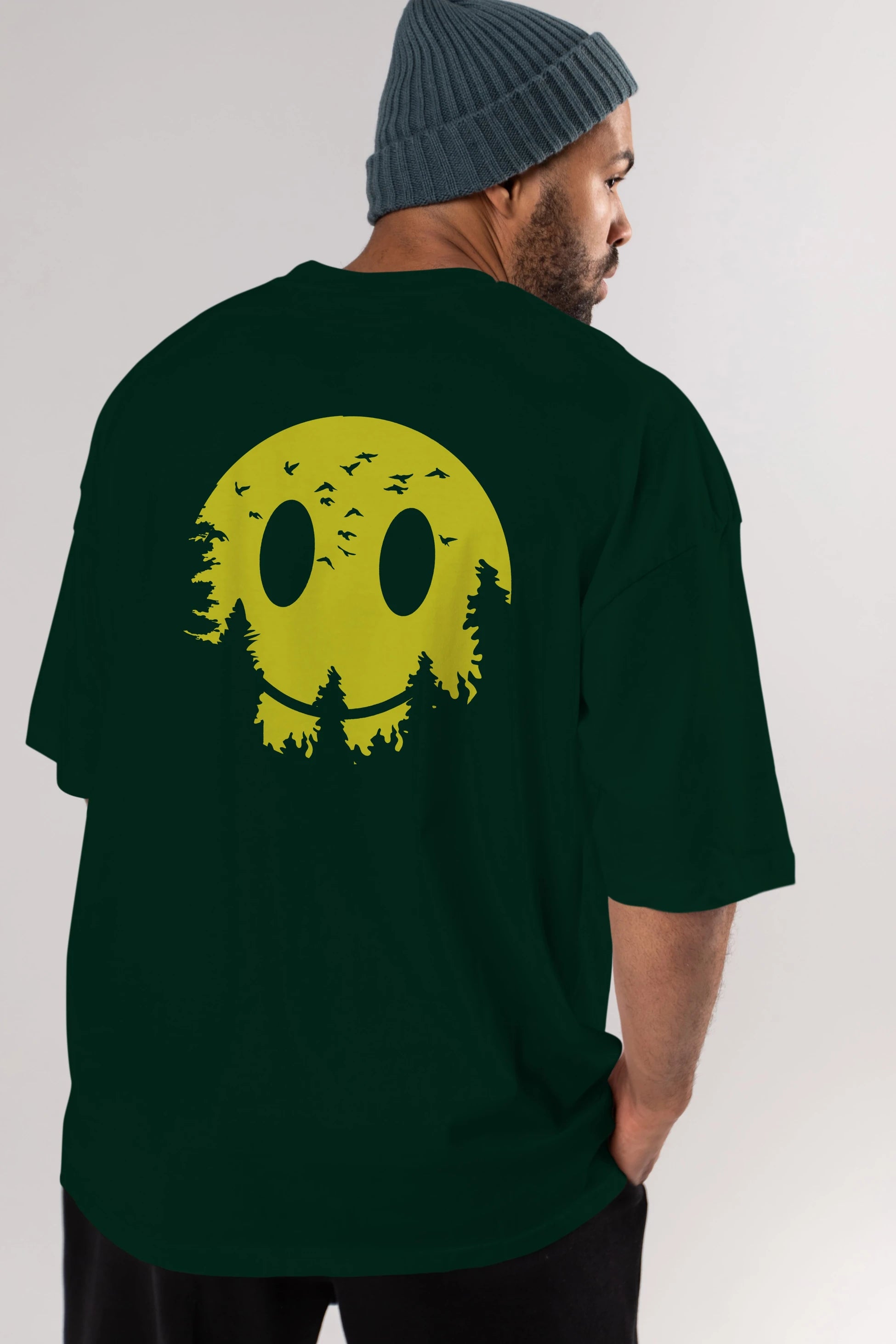 Smiley Moon Arka Baskılı Oversize t-shirt %100 pamuk Erkek Kadın Unisex