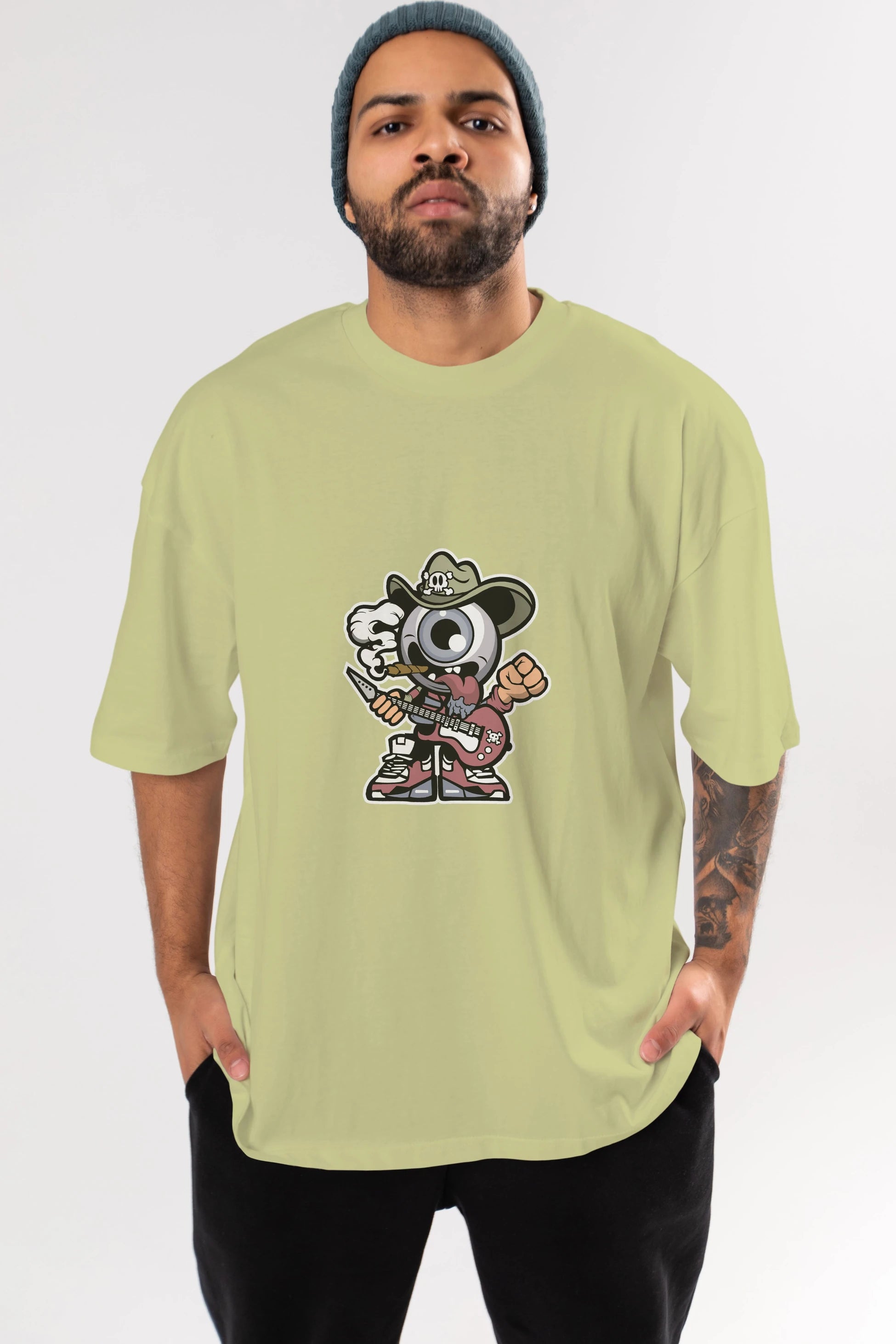 Eyeball Rockstar Cowboy Ön Baskılı Oversize t-shirt Erkek Kadın Unisex %100 Pamuk tişort