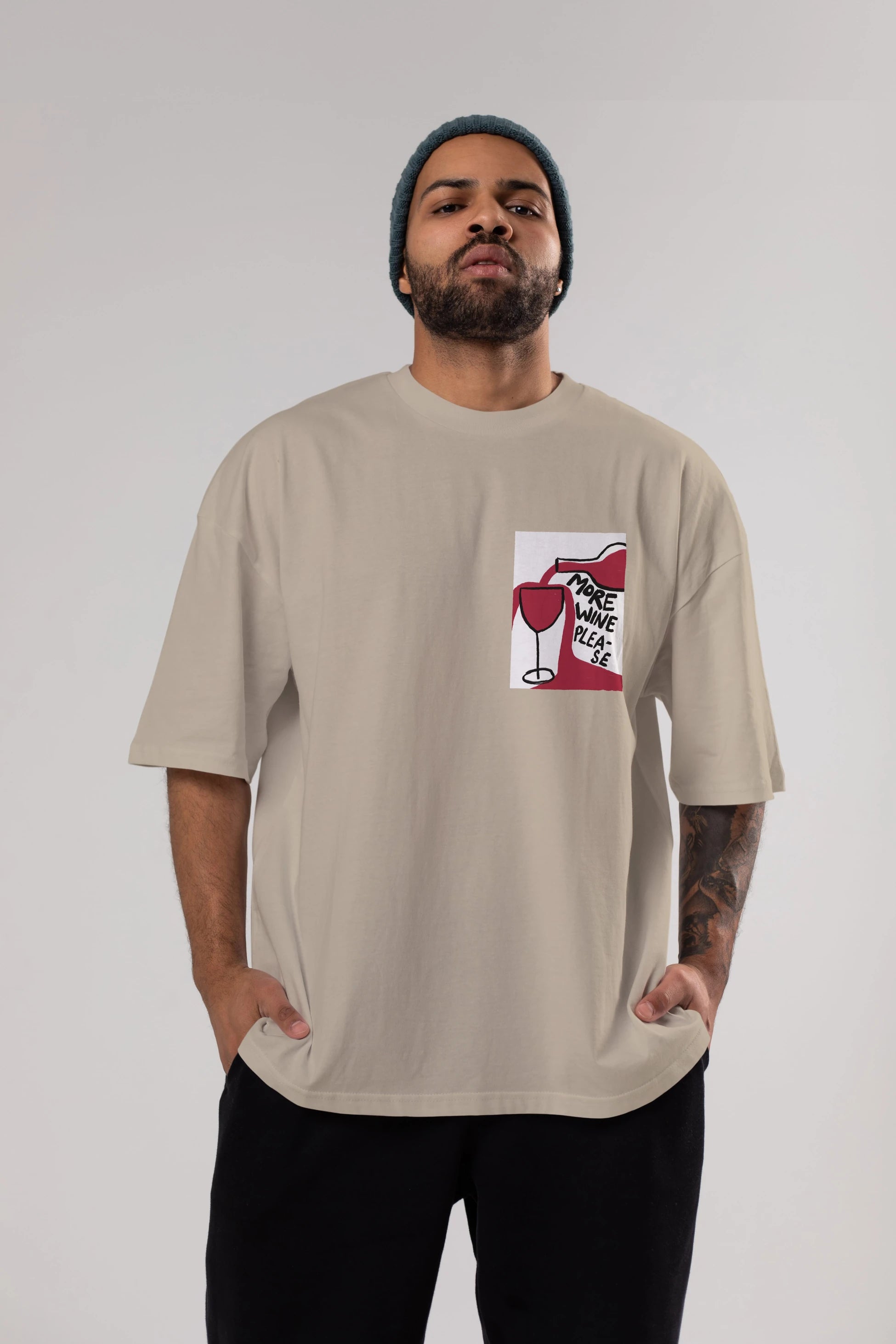 More Wine Please Ön Sol Baskılı Oversize t-shirt Erkek Kadın Unisex %100 Pamuk Bisiklet Yaka tişort