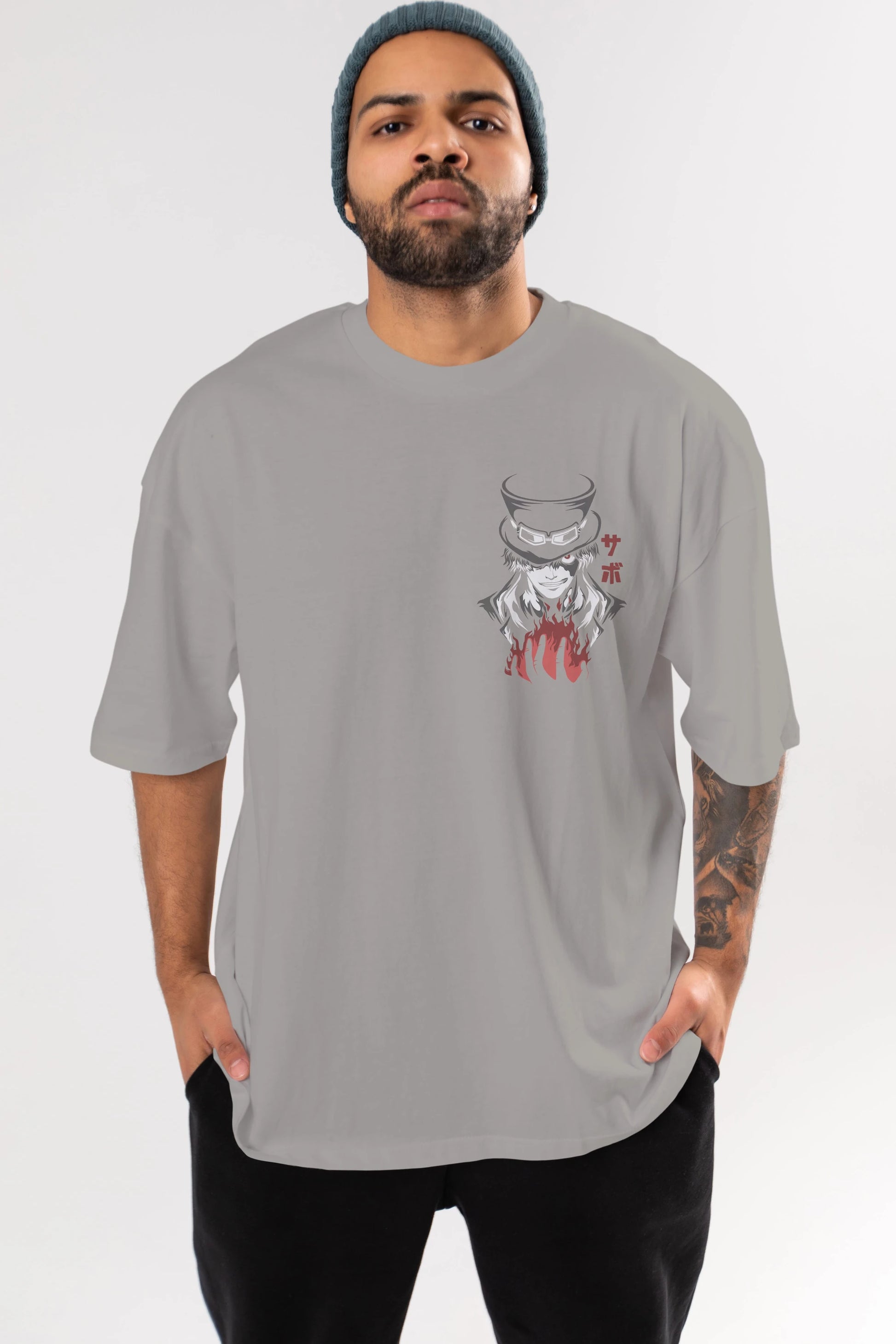 SaboOnePiece Ön Sol Baskılı Oversize t-shirt Erkek Kadın Unisex %100 Pamuk Bisiklet Yaka tişort