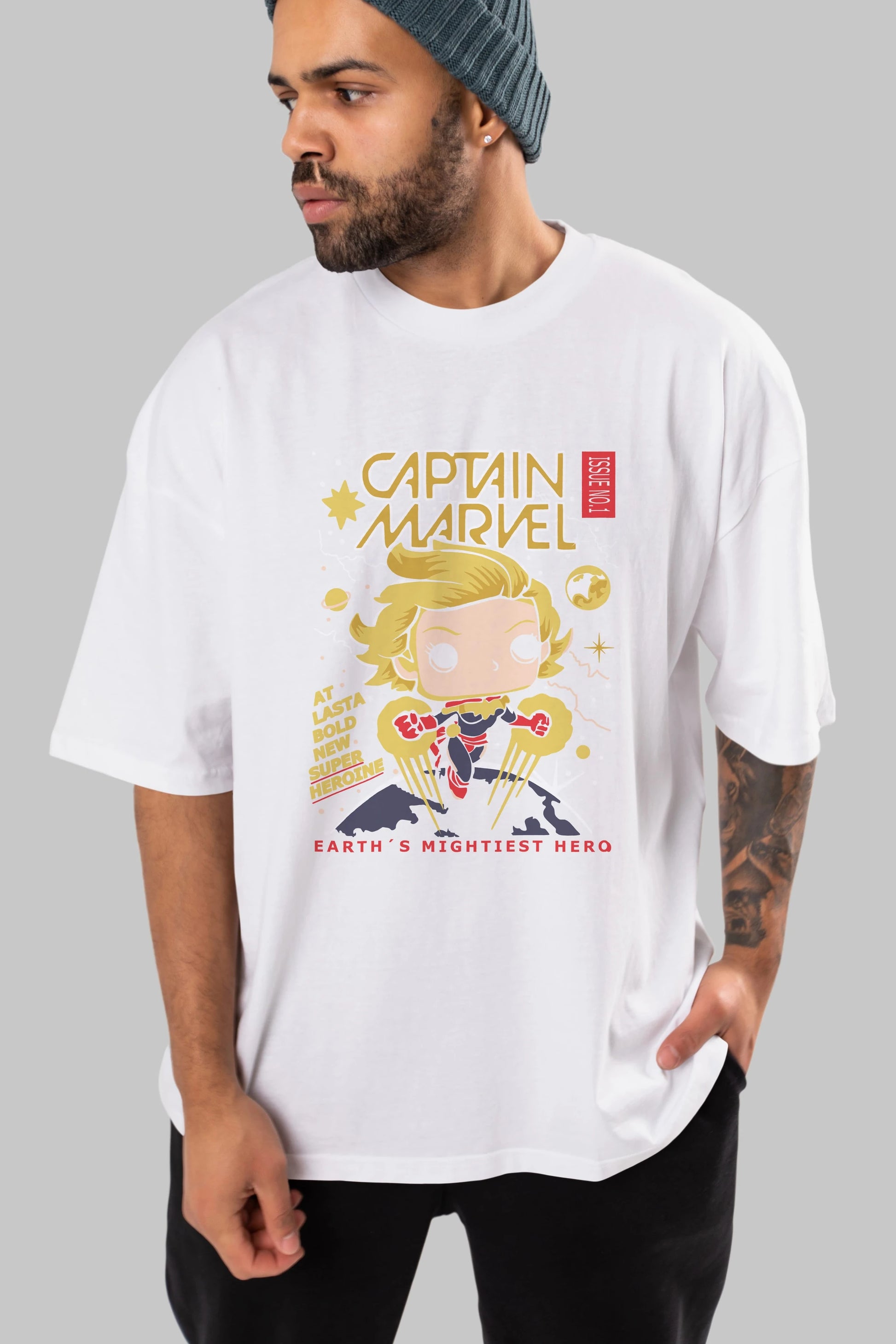 Captain Marvel Ön Baskılı Oversize t-shirt Erkek Kadın Unisex %100 Pamuk Bisiklet Yaka tişort