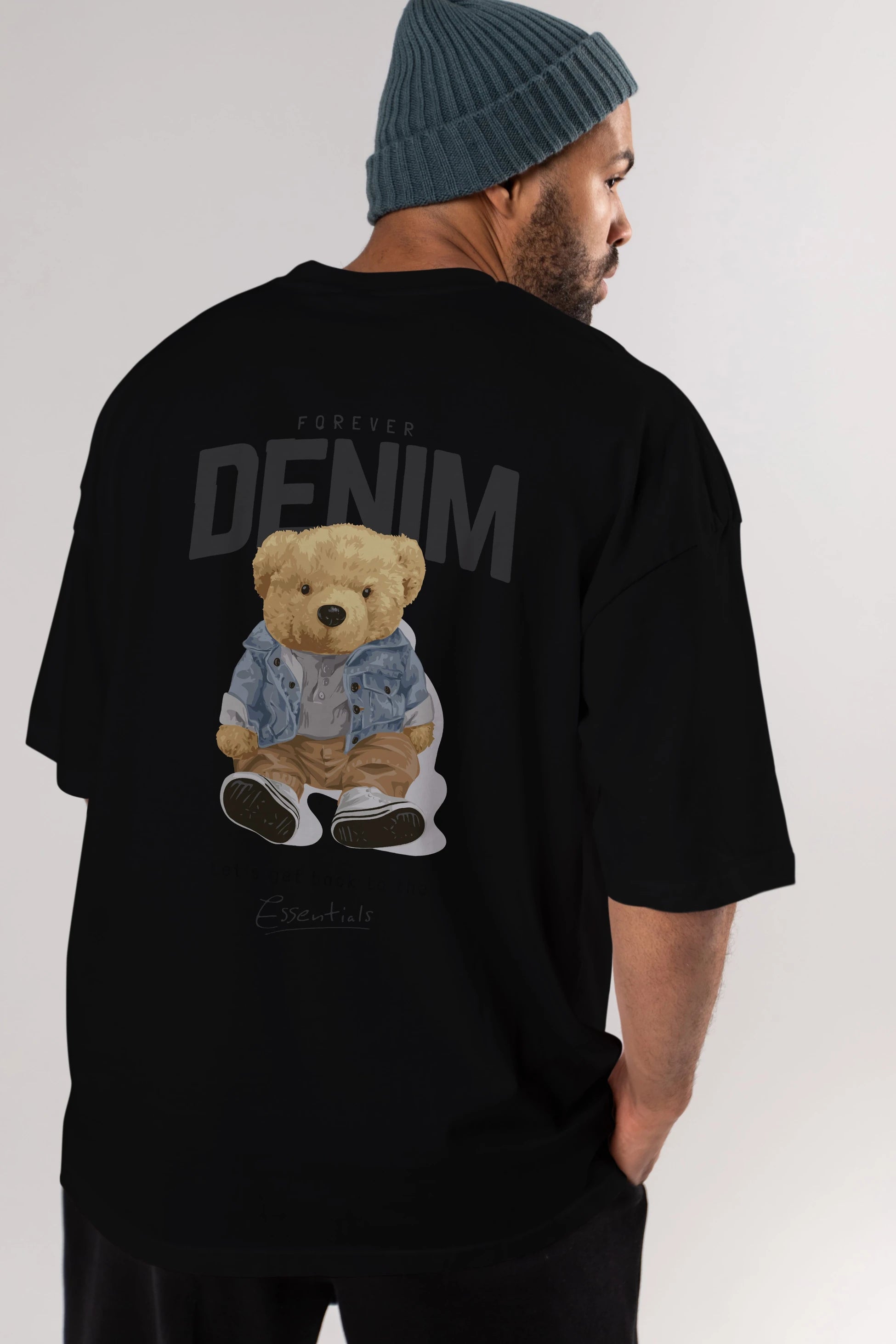 Teddy Bear Forever Denim Arka Baskılı Oversize t-shirt Erkek Kadın Unisex %100 Pamuk