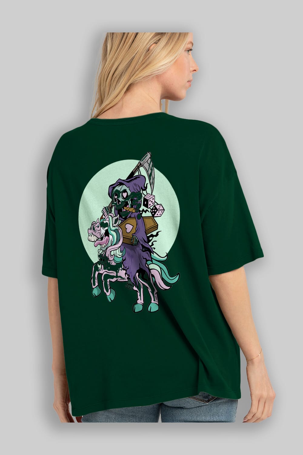 Grim Reaper Riding Unicorn Arka Baskılı Oversize t-shirt Erkek Kadın Unisex %100 Pamuk tişort