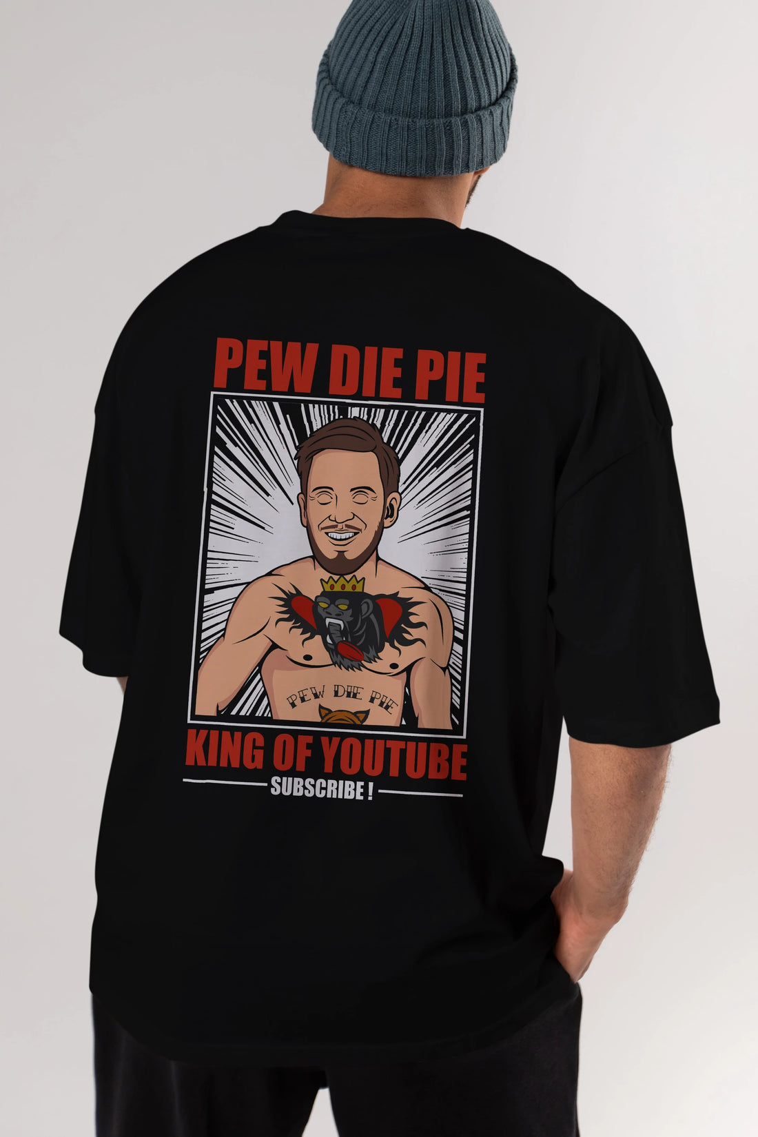 Pew Die Pie Fighter Arka Baskılı Oversize t-shirt Erkek Kadın Unisex %100 Pamuk tişort
