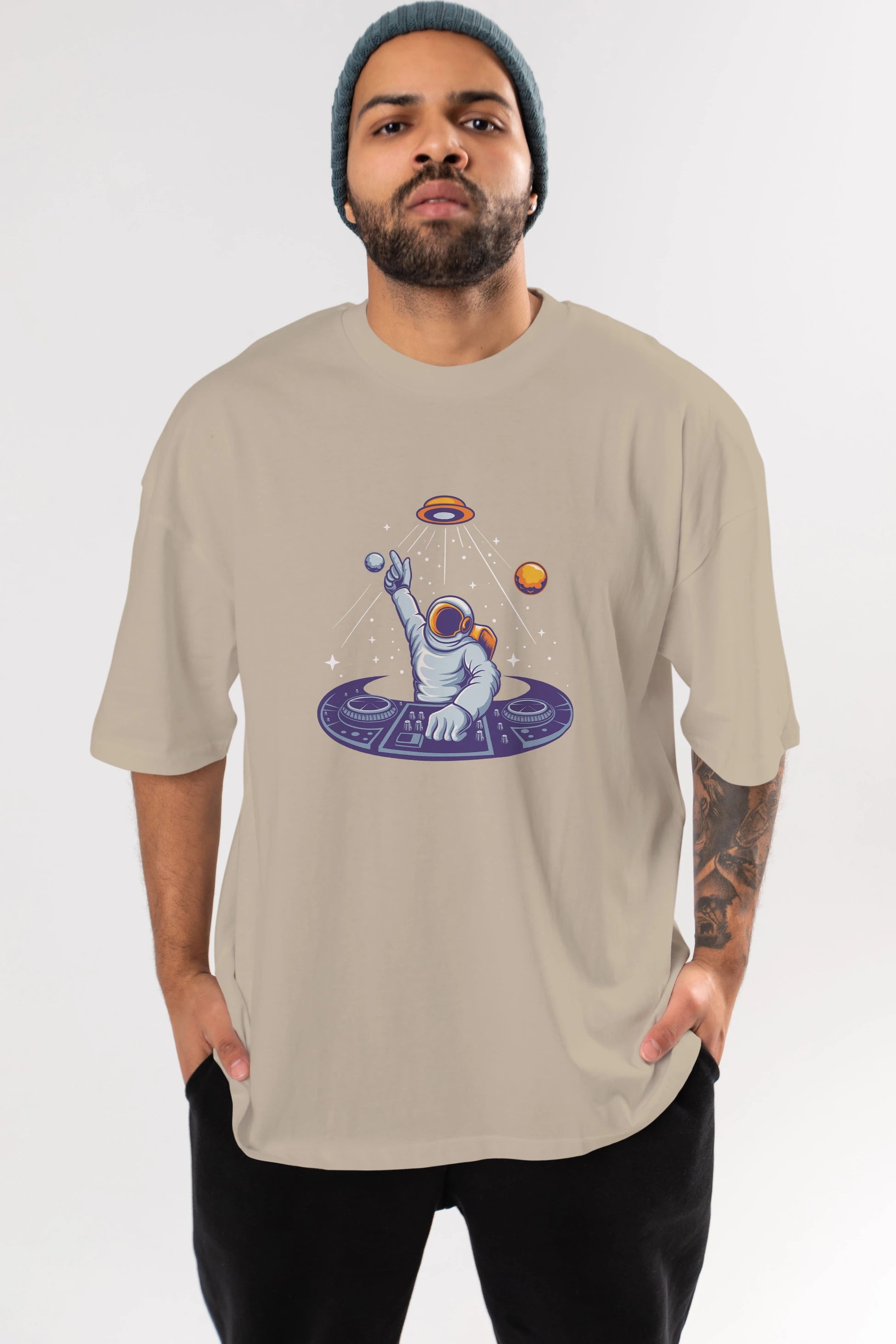 Astronaut Disk Jockey Party Ön Baskılı Oversize t-shirt Erkek Kadın Unisex