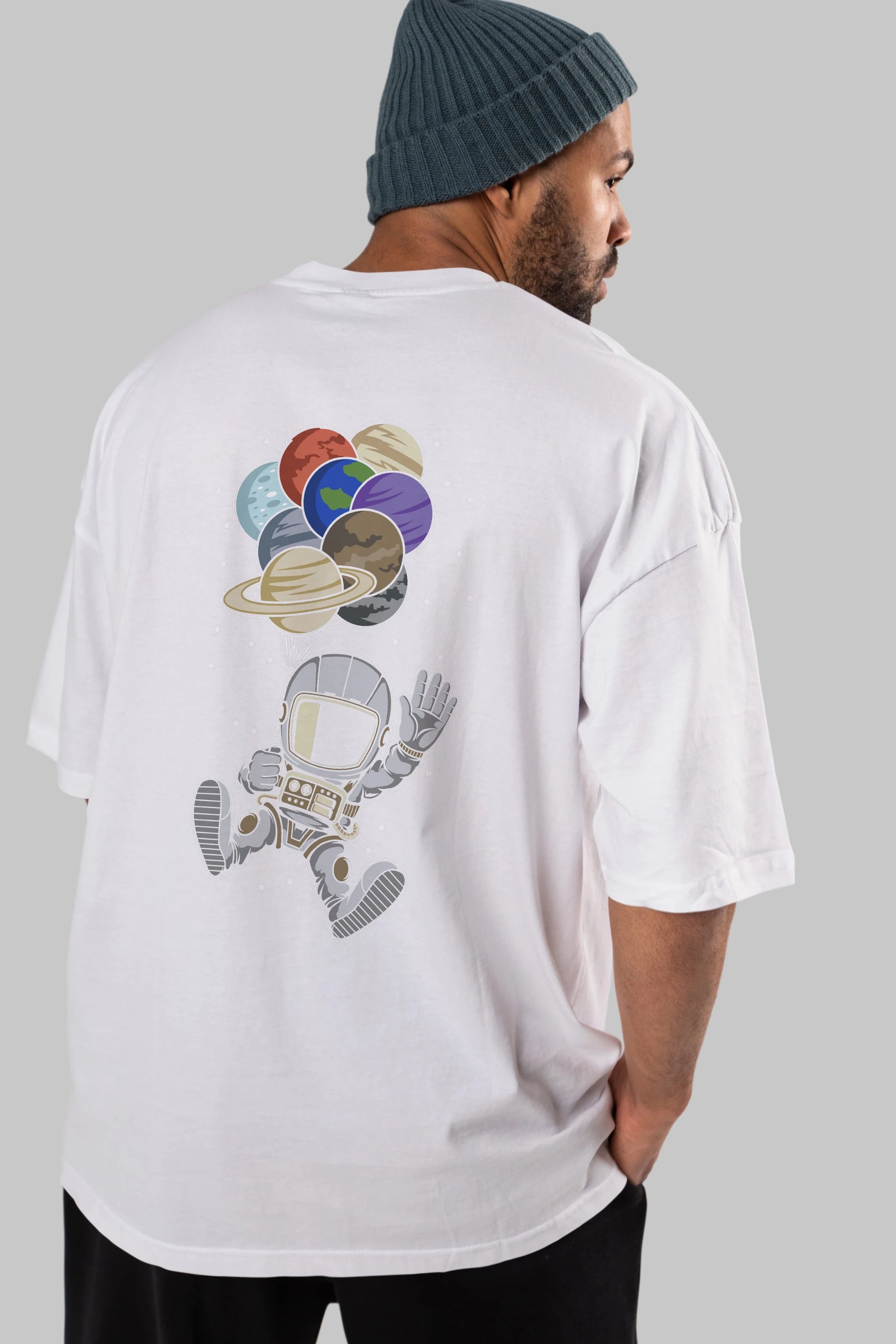 Astronaut Baloon Planets Arka Baskılı Oversize t-shirt Erkek Kadın Unisex