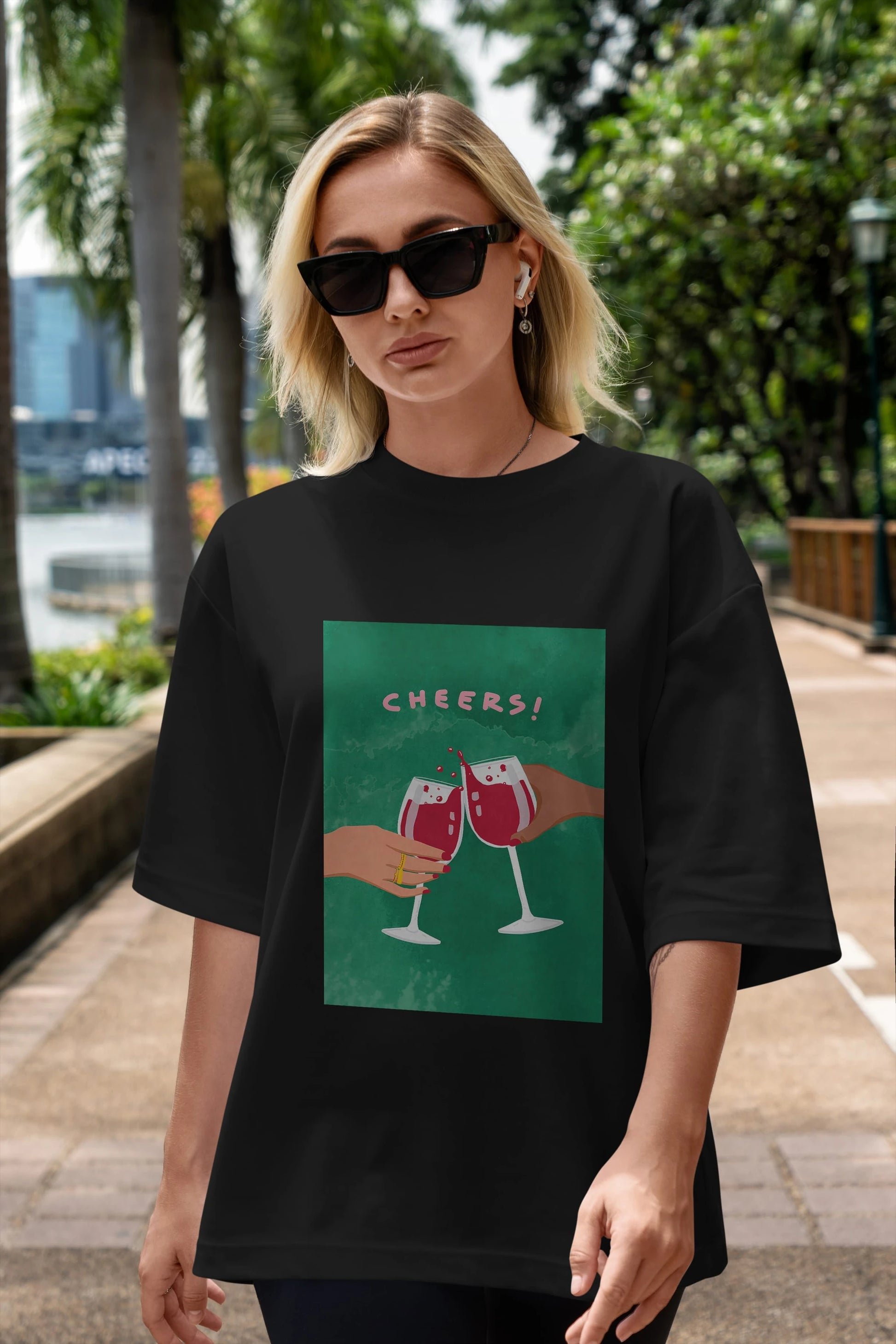 Cheers Ön Baskılı Oversize t-shirt Erkek Kadın Unisex %100 Pamuk Bisiklet Yaka tişort